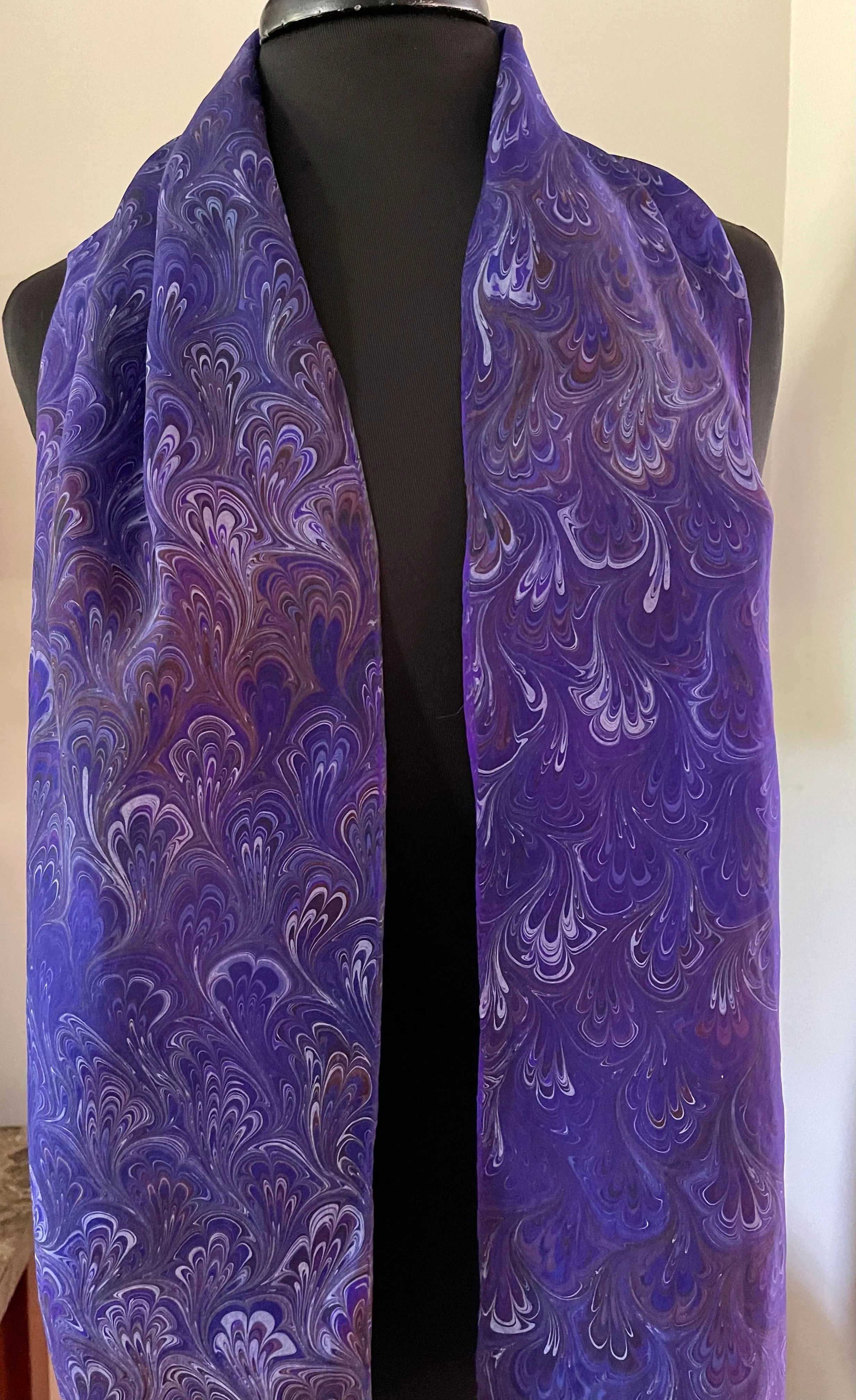 Purple Burgundy Blue bouquet Water Marbled Habotai Silk 14x72.