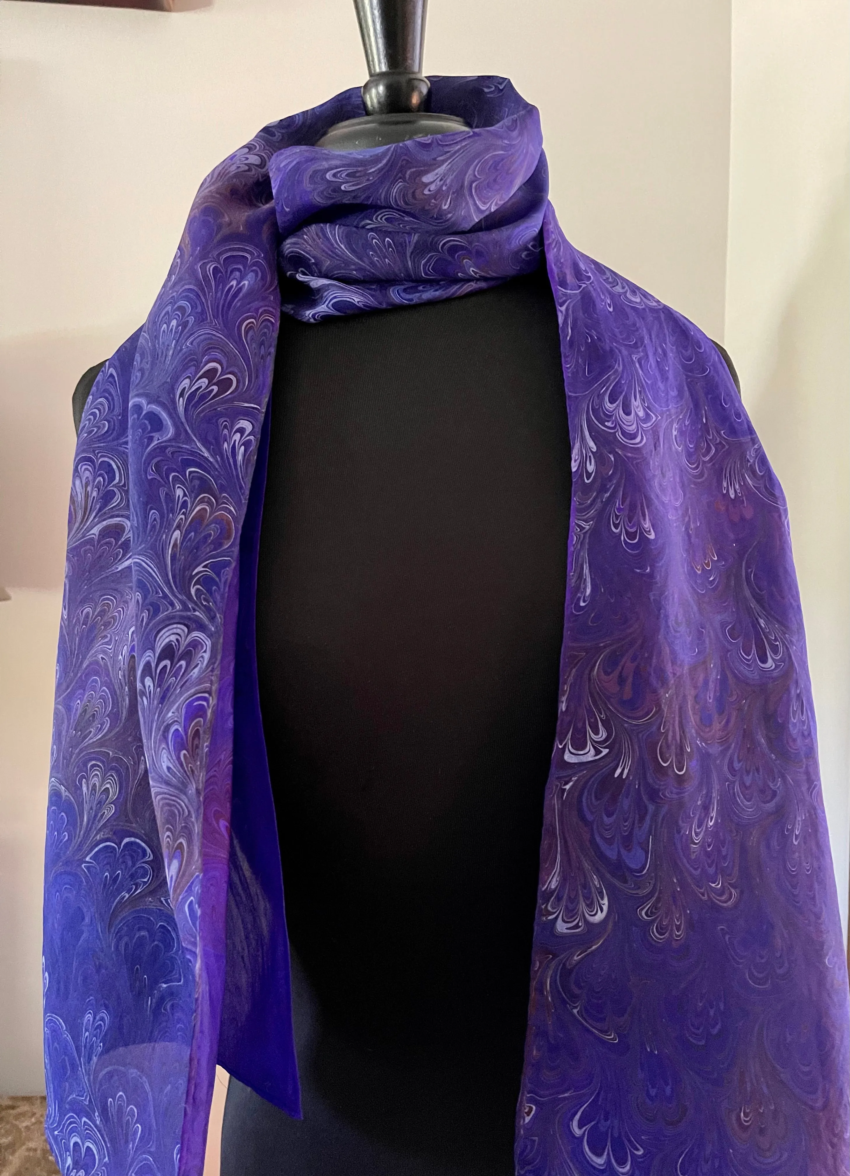 Purple Burgundy Blue bouquet Water Marbled Habotai Silk 14x72.