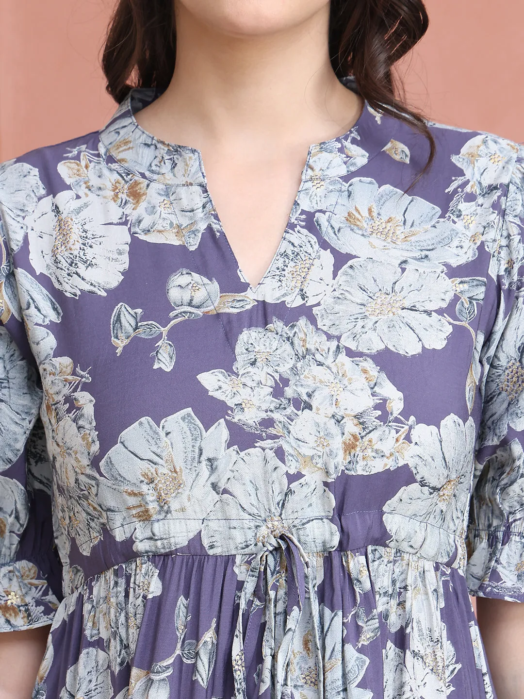 Purple Colour Floral Printed Premium Chanderi Dress For Women