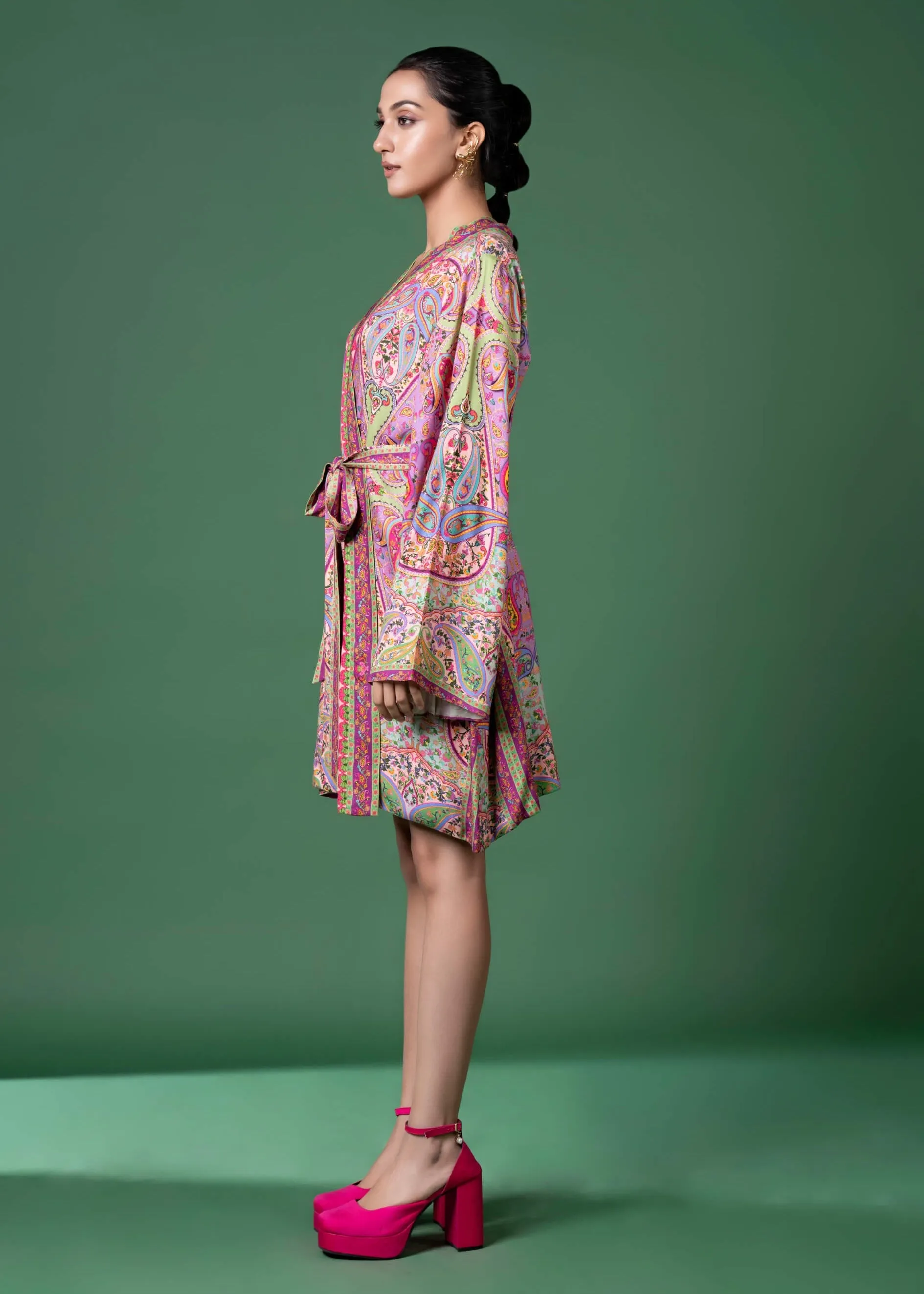 Purple paisley wrap dress and belt
