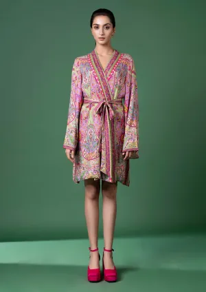 Purple paisley wrap dress and belt