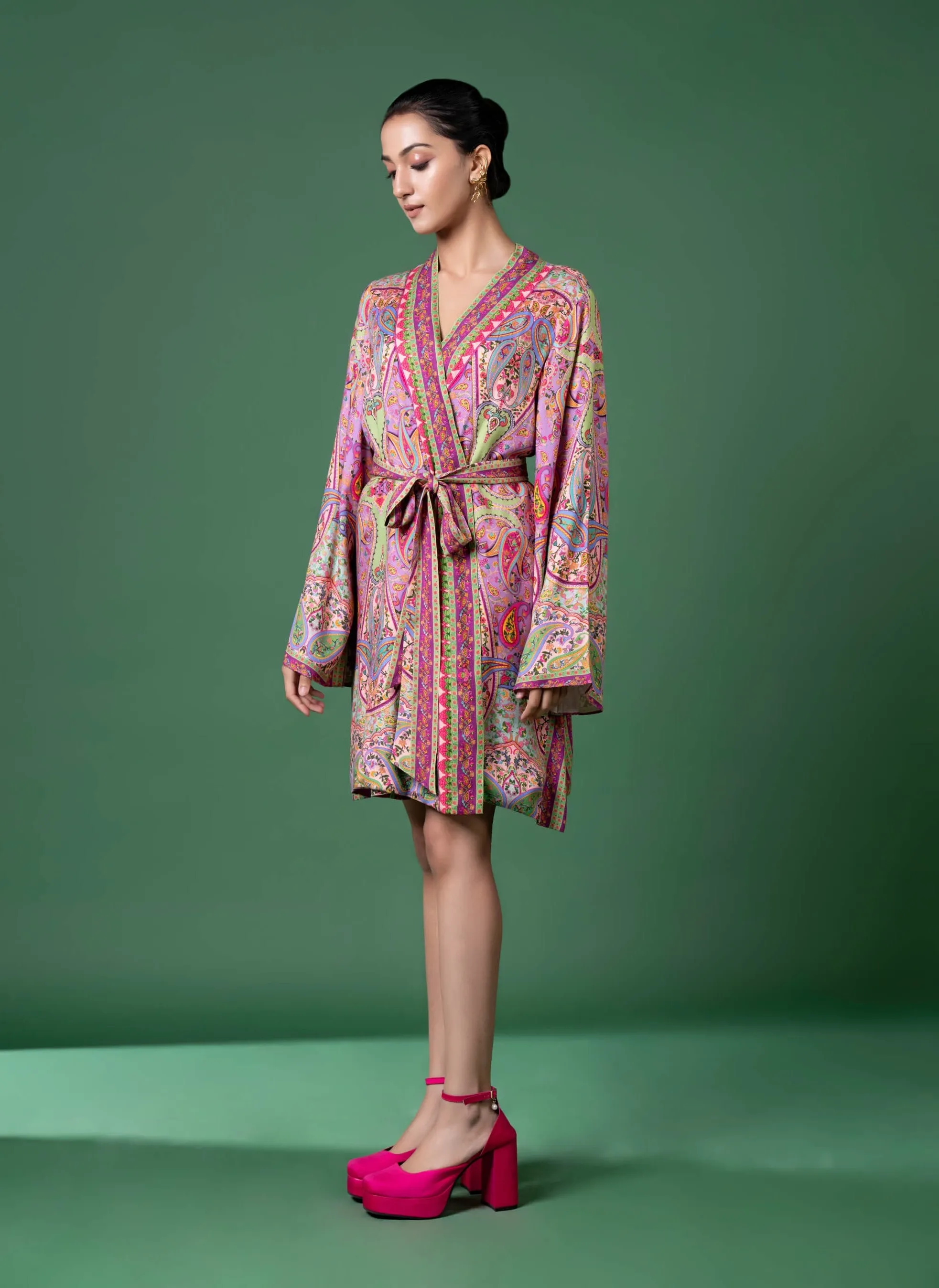 Purple paisley wrap dress and belt