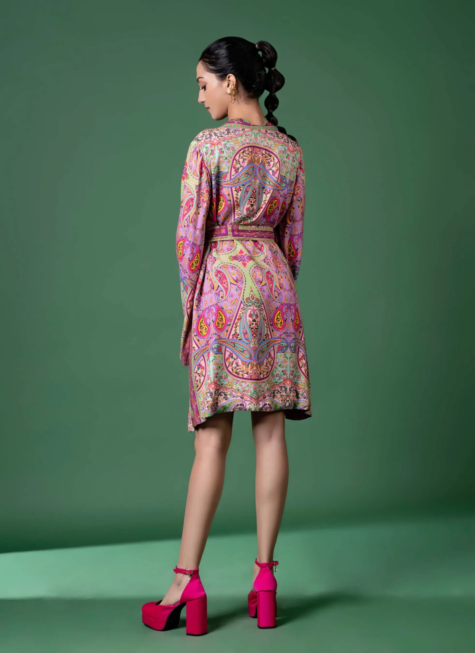 Purple paisley wrap dress and belt