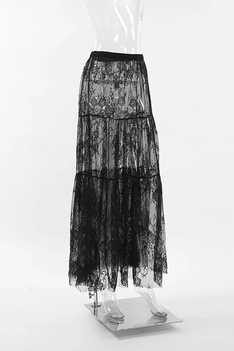 QL639 LaceMesh Overlay Pleated Skirt