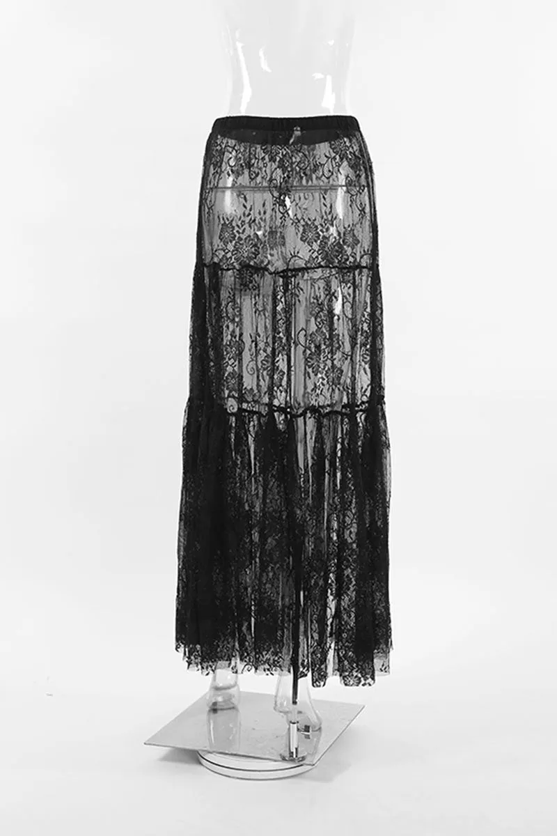 QL639 LaceMesh Overlay Pleated Skirt