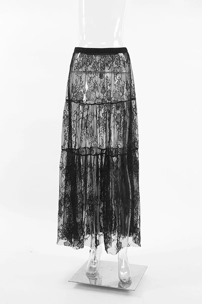 QL639 LaceMesh Overlay Pleated Skirt