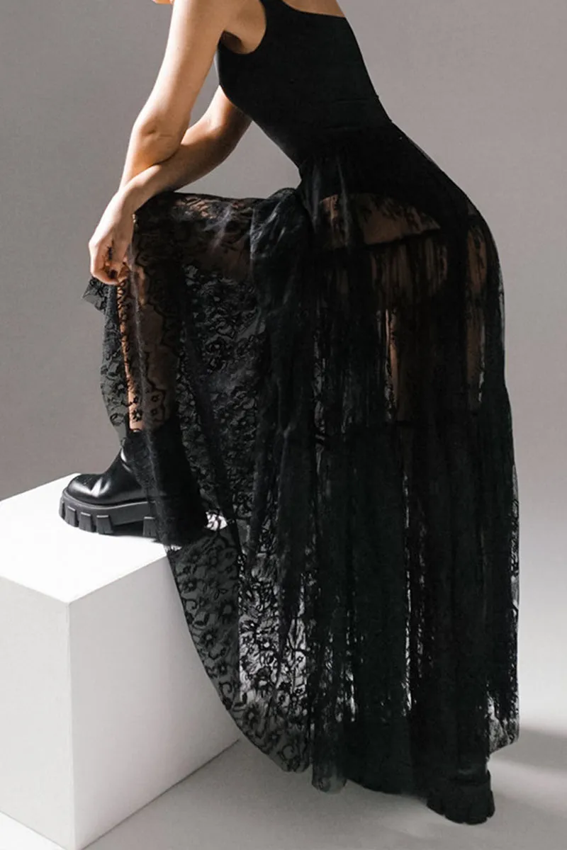 QL639 LaceMesh Overlay Pleated Skirt