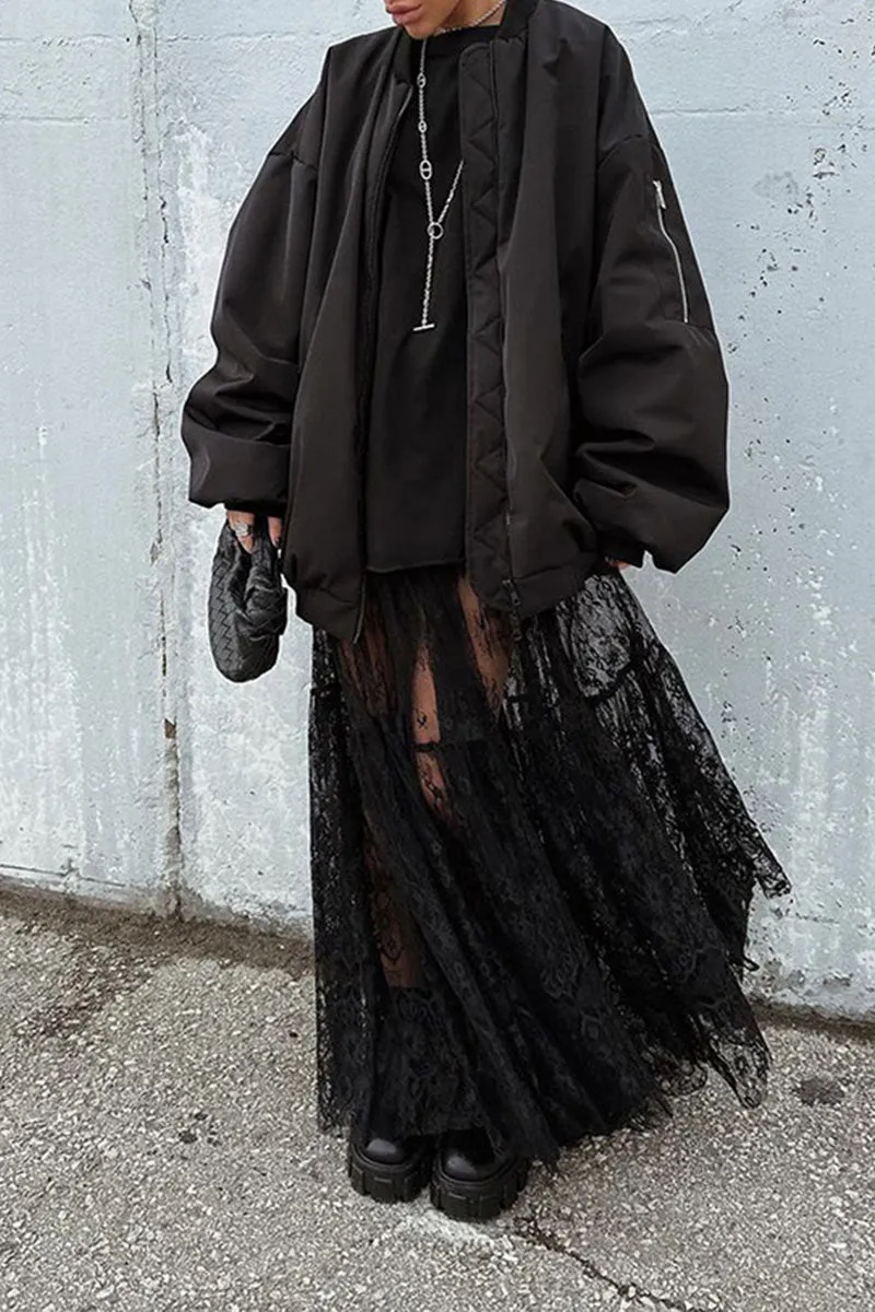 QL639 LaceMesh Overlay Pleated Skirt