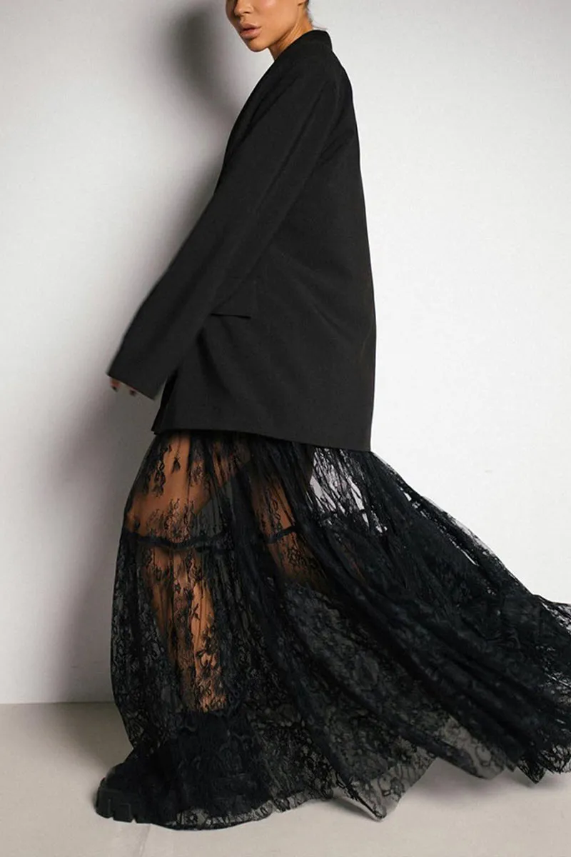 QL639 LaceMesh Overlay Pleated Skirt