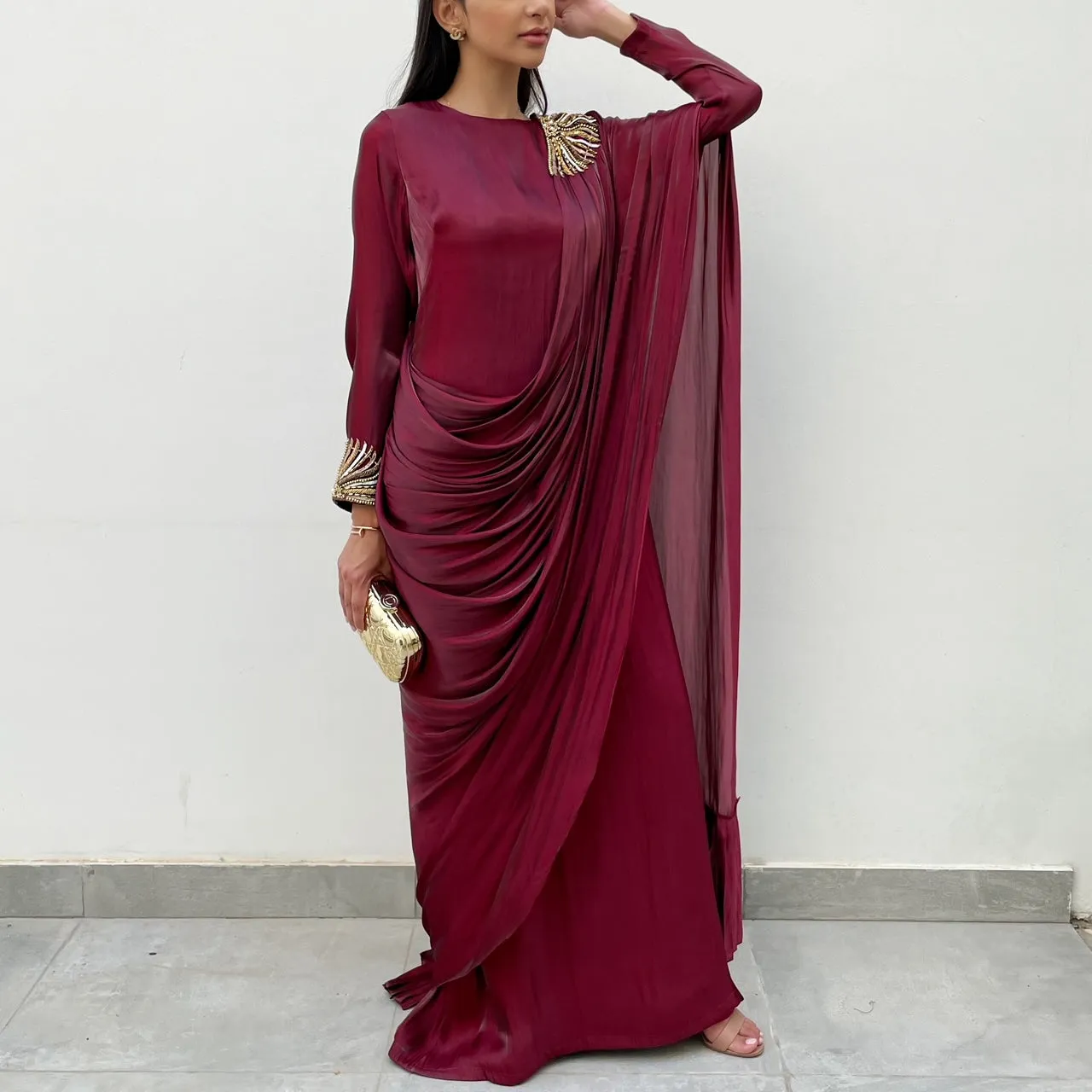 RAM21 MAROON SARI DRAPE KAFTAN