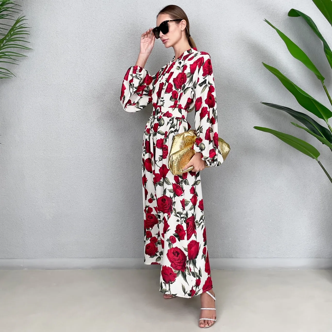 RAM23 LINA CREAM & RED  KAFTAN BELTED MAXI DRESS