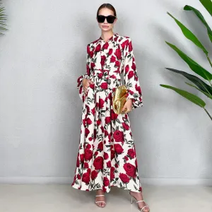 RAM23 LINA CREAM & RED  KAFTAN BELTED MAXI DRESS