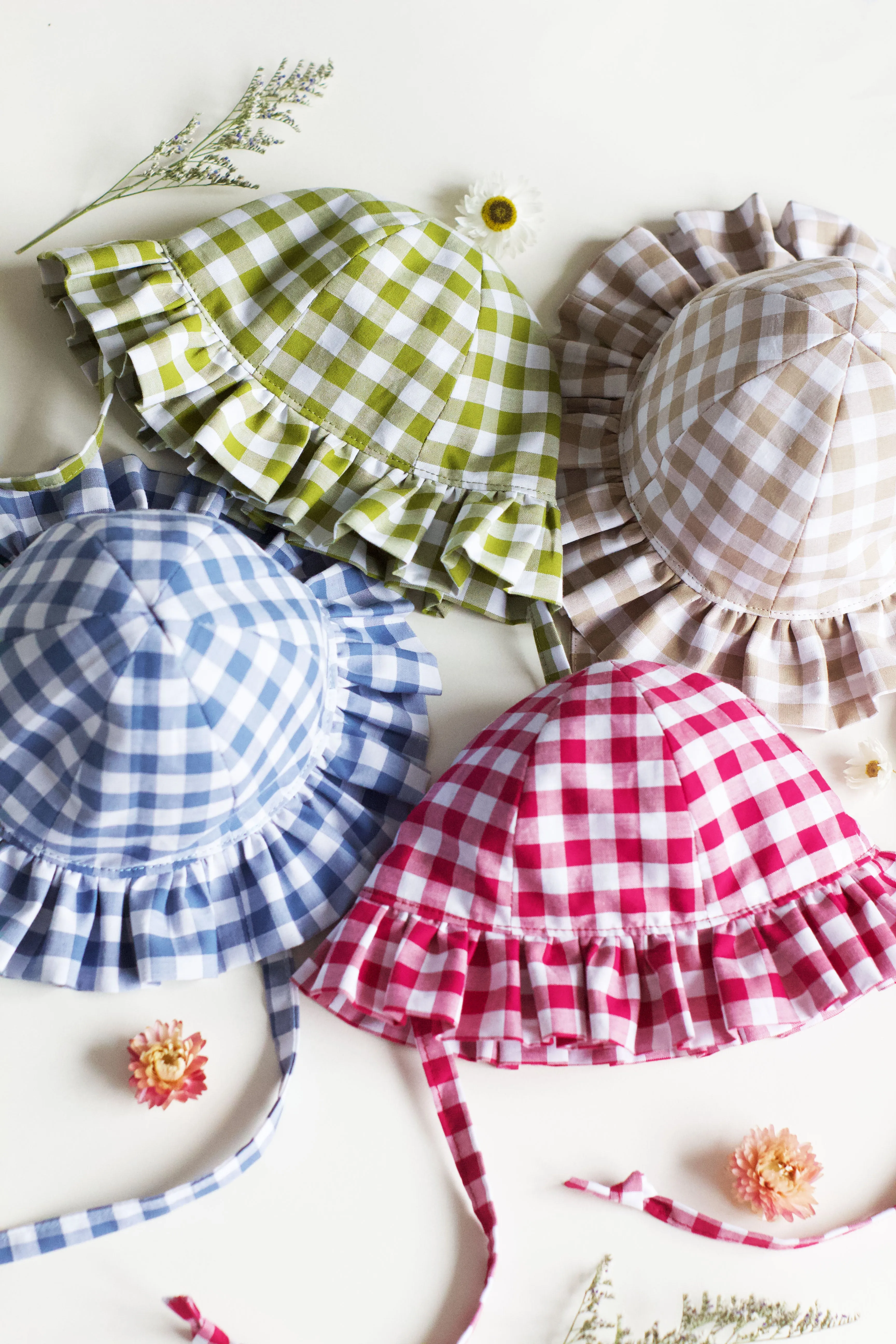 Raspberry Gingham Frill Sun Hat
