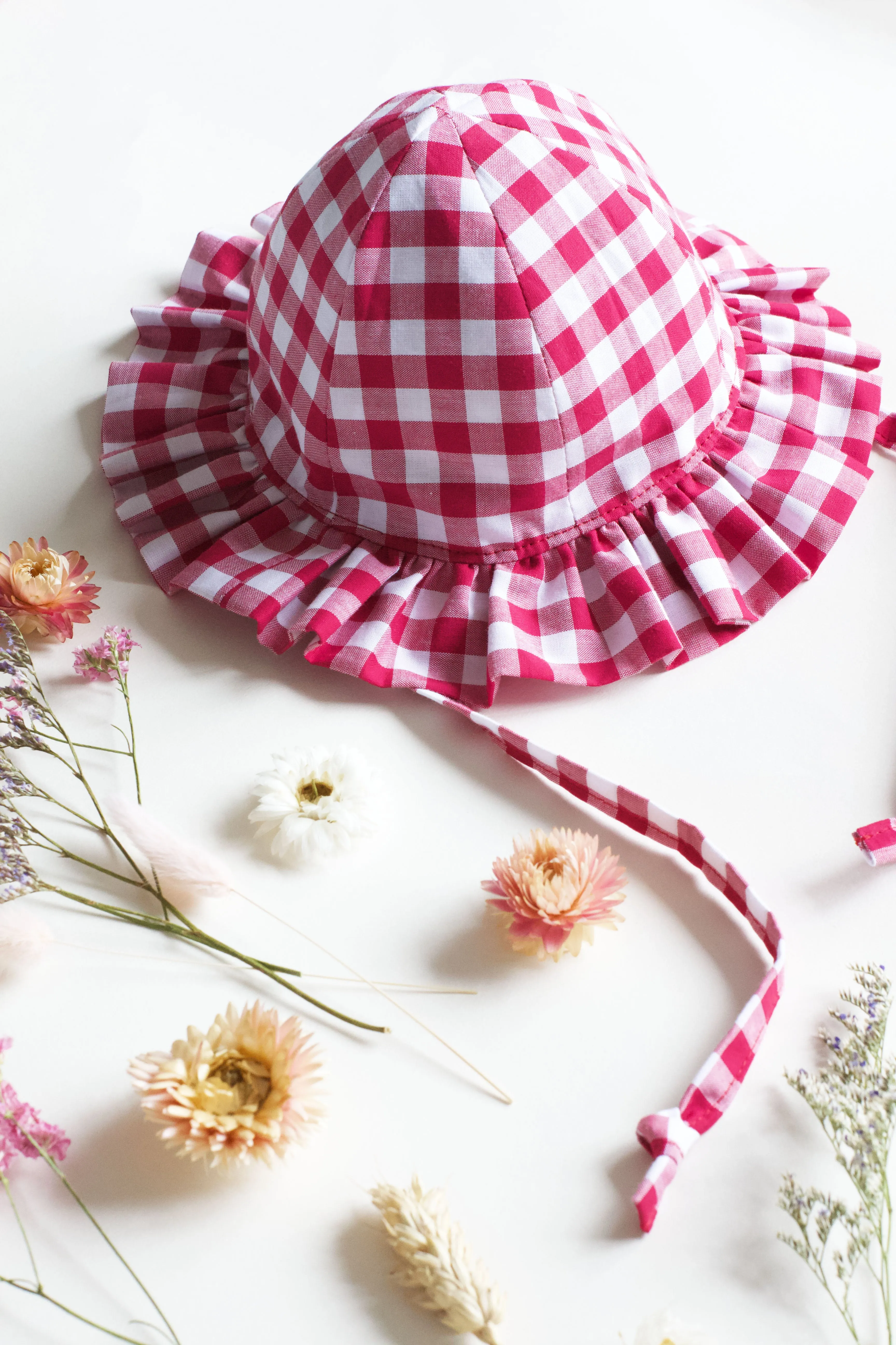 Raspberry Gingham Frill Sun Hat