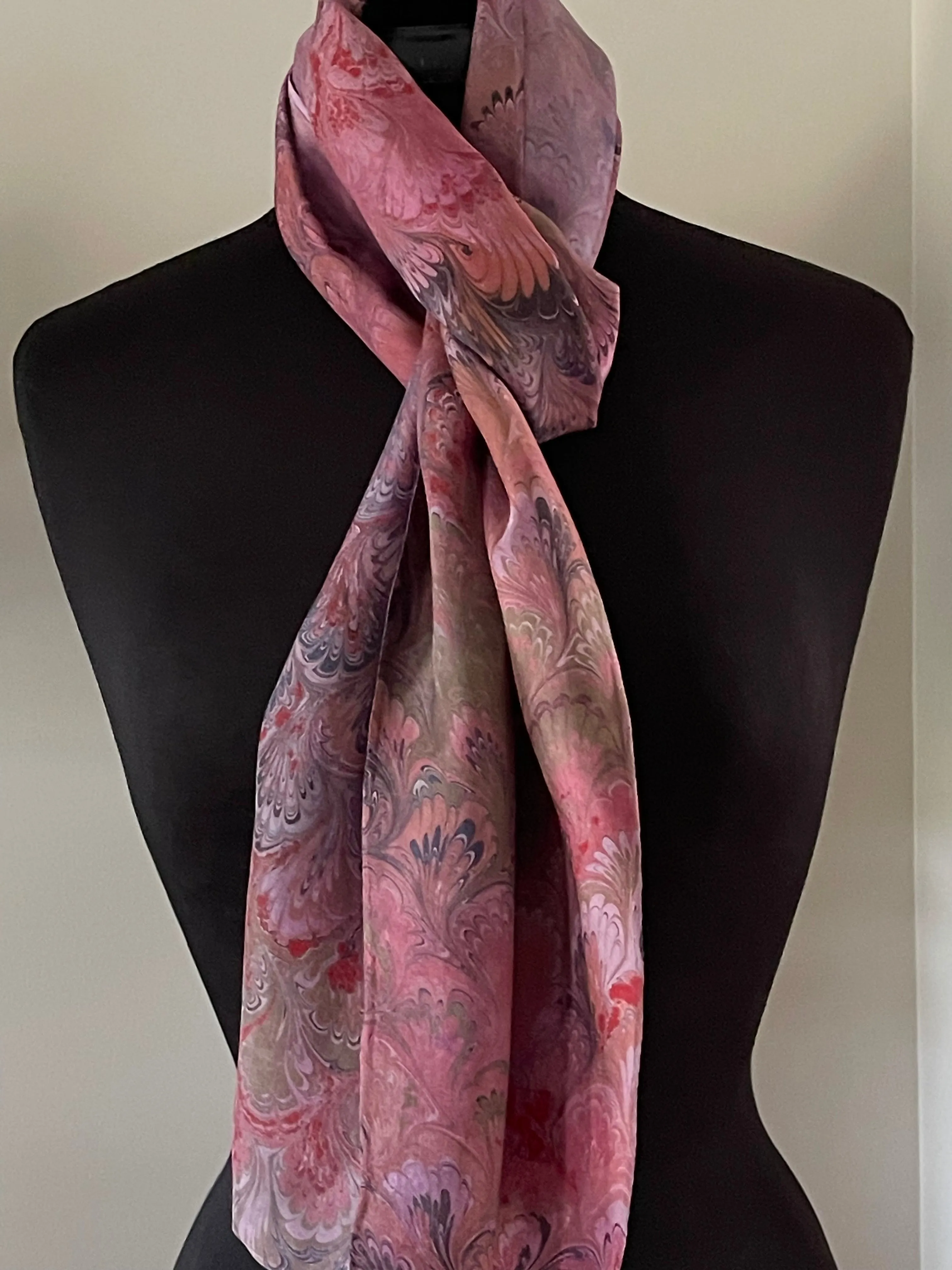 Red & Green Multidyed bouquet.  Water Marbled Habotai Silk 14x72.