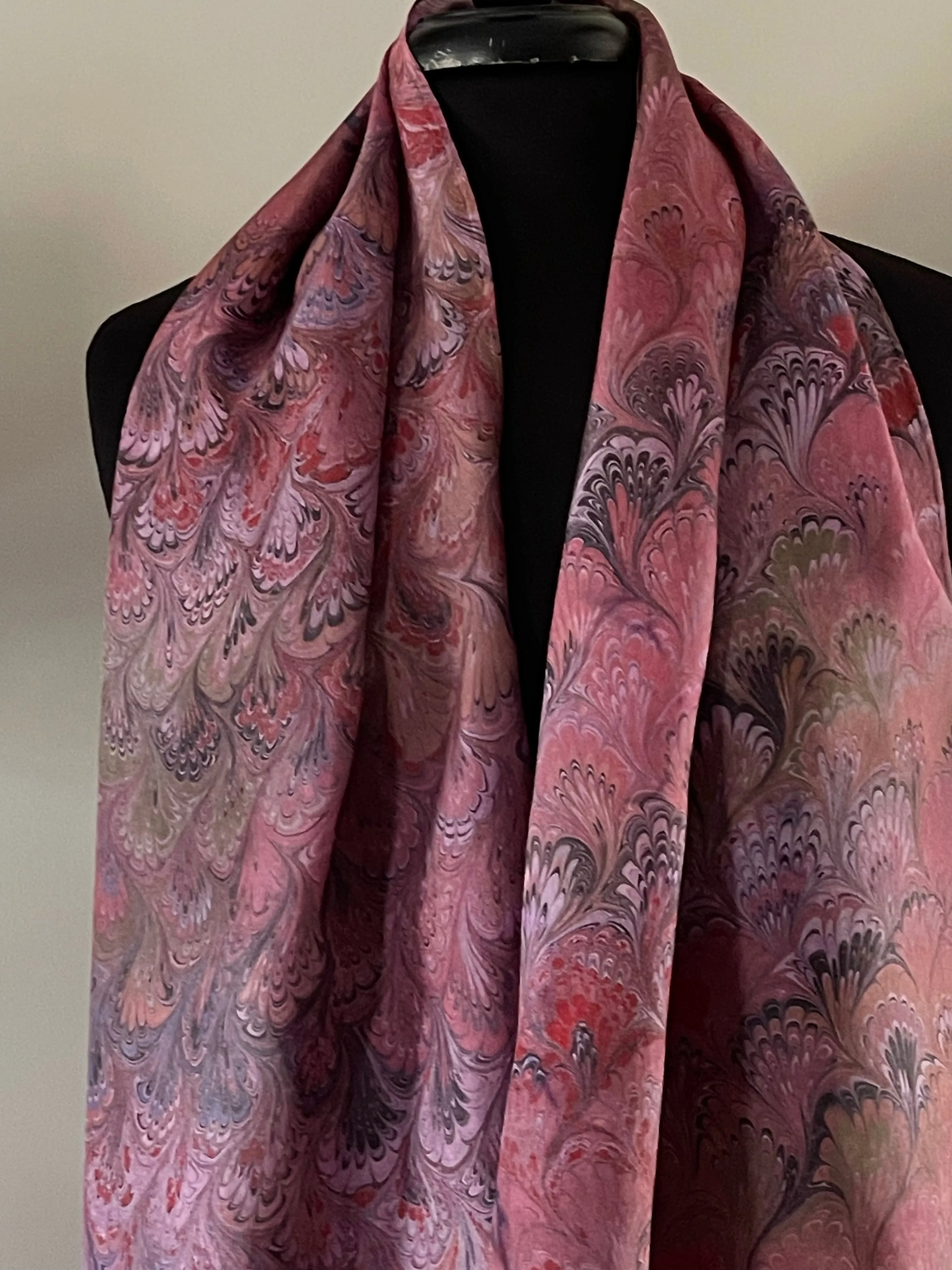 Red & Green Multidyed bouquet.  Water Marbled Habotai Silk 14x72.