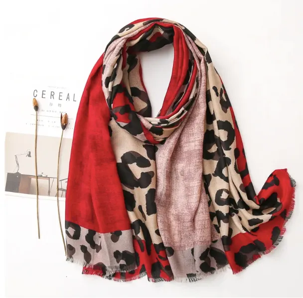 Red and Camel Block Leopard Print Scarf