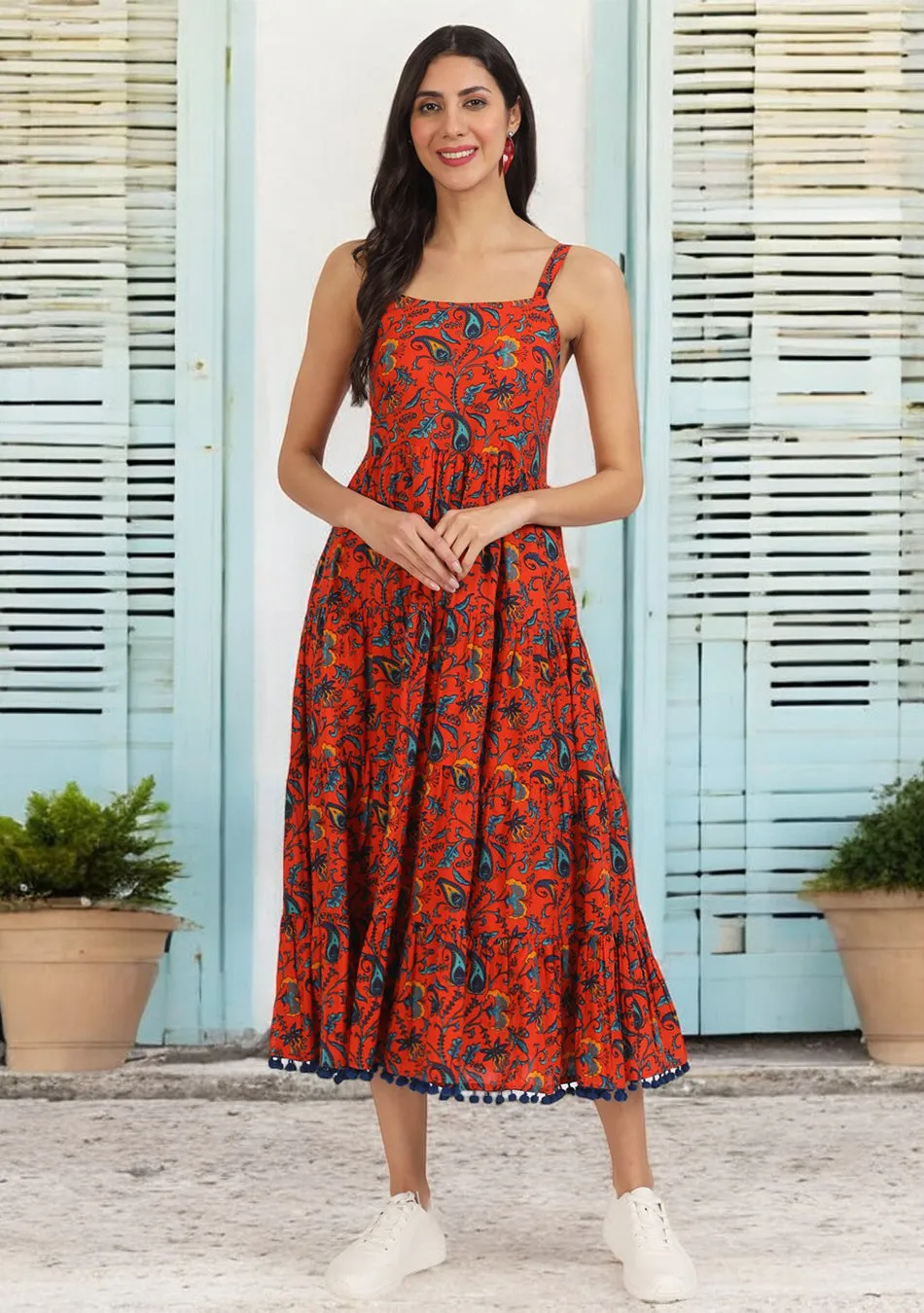 Red Floral Printed Cotton Dress