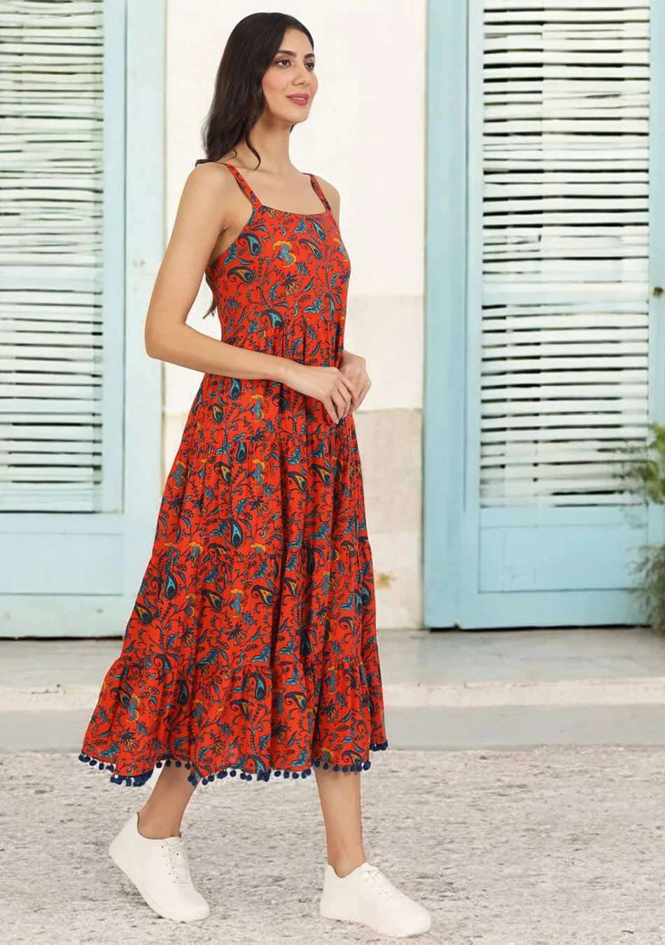 Red Floral Printed Cotton Dress