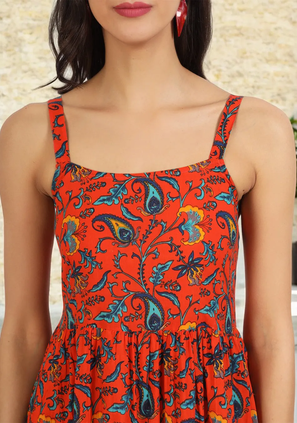 Red Floral Printed Cotton Dress