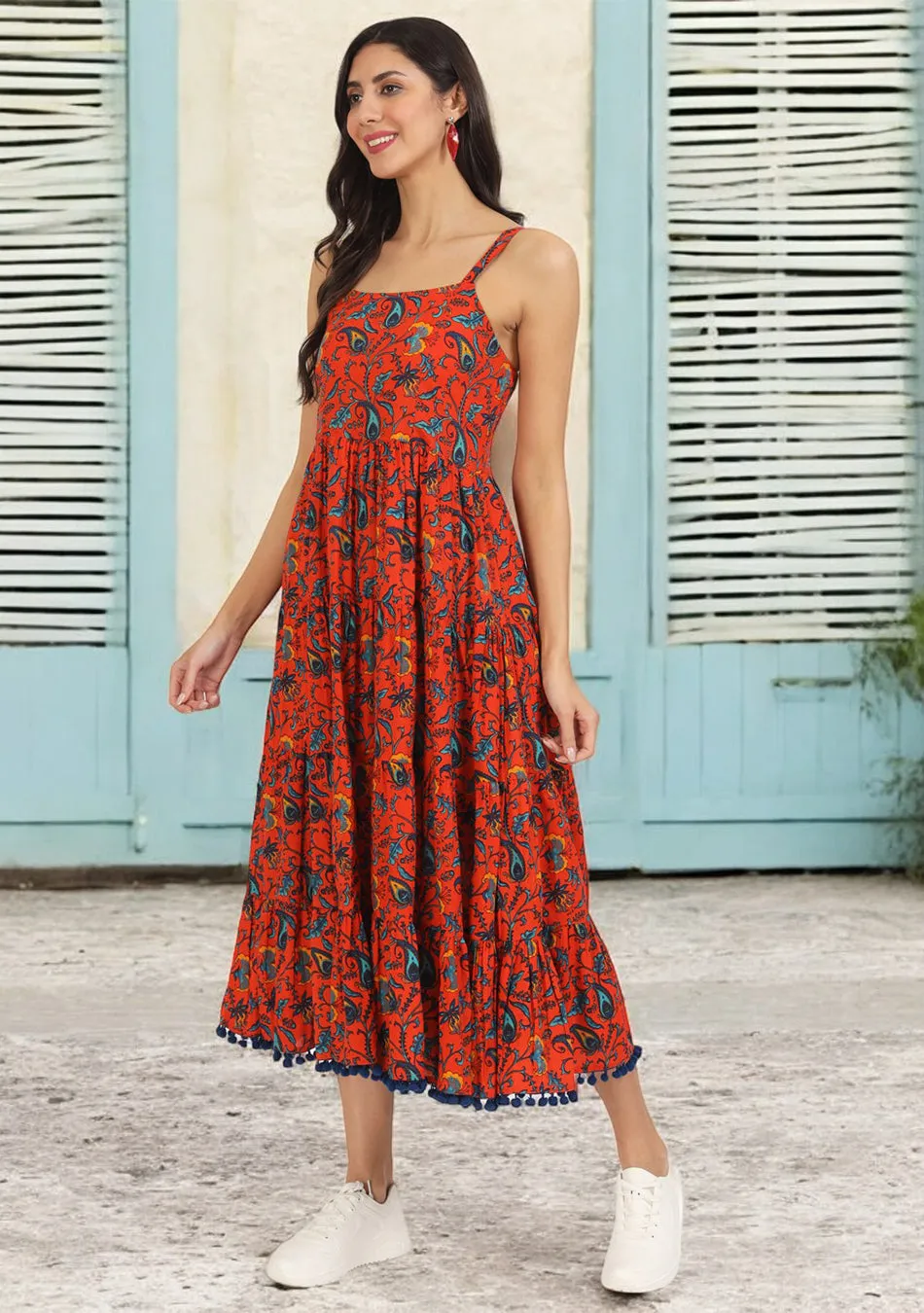 Red Floral Printed Cotton Dress