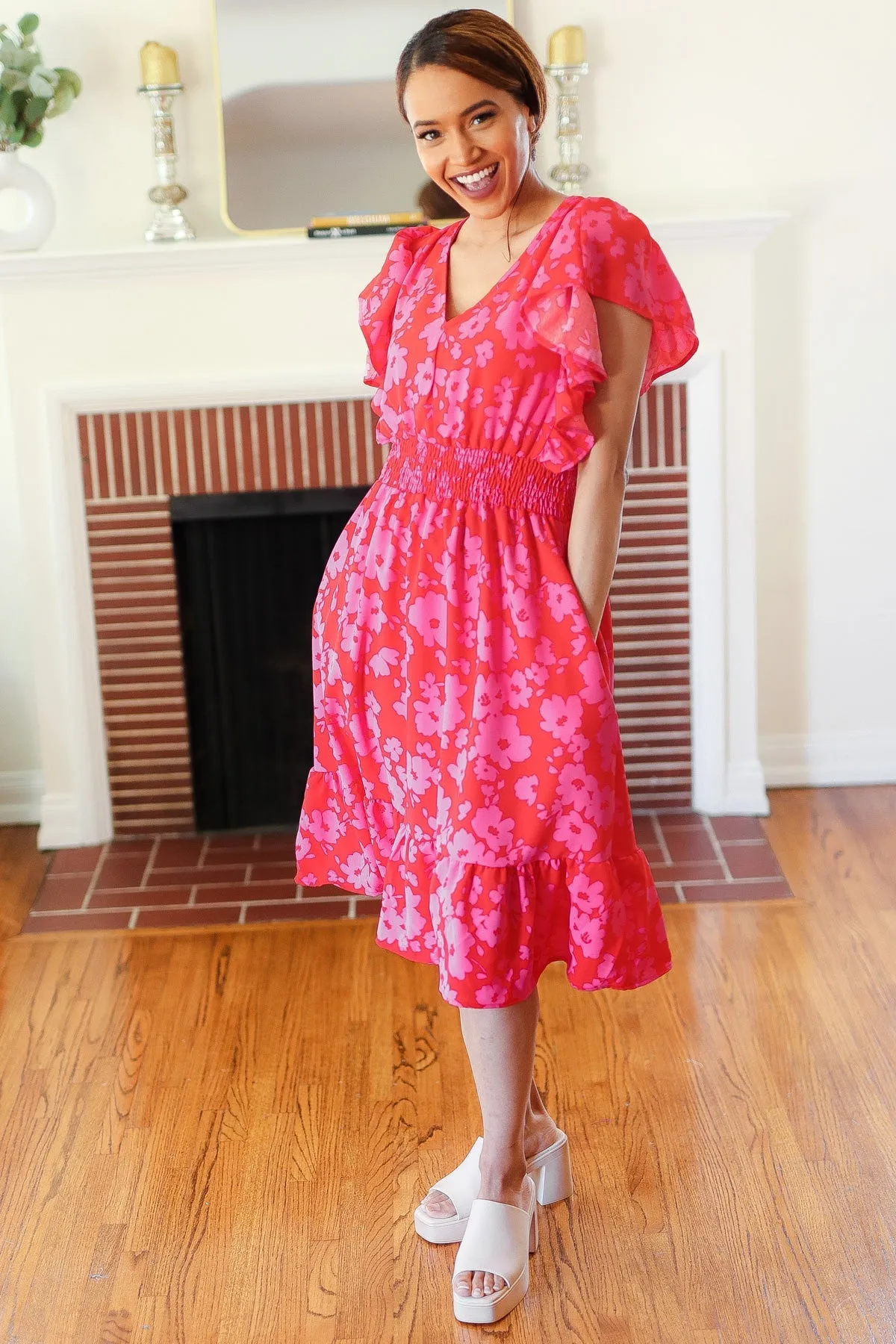 Remember Me Red & Pink Floral Print Smocked Waist Midi Dress