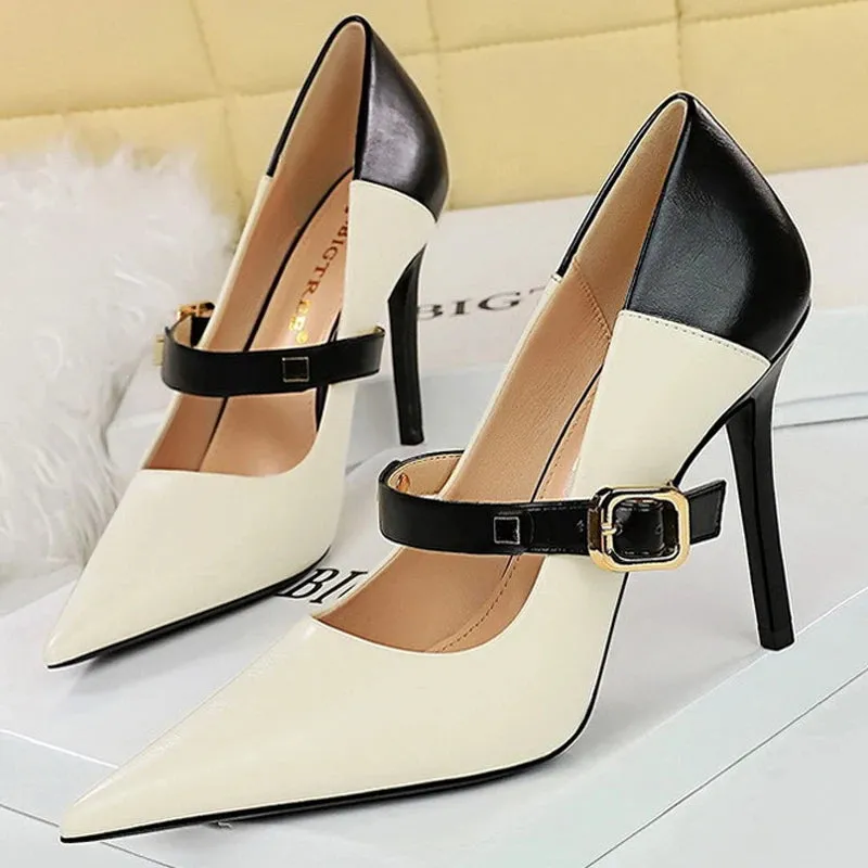 Retro Mixed Color Stiletto Pumps – Stylish Office Heels