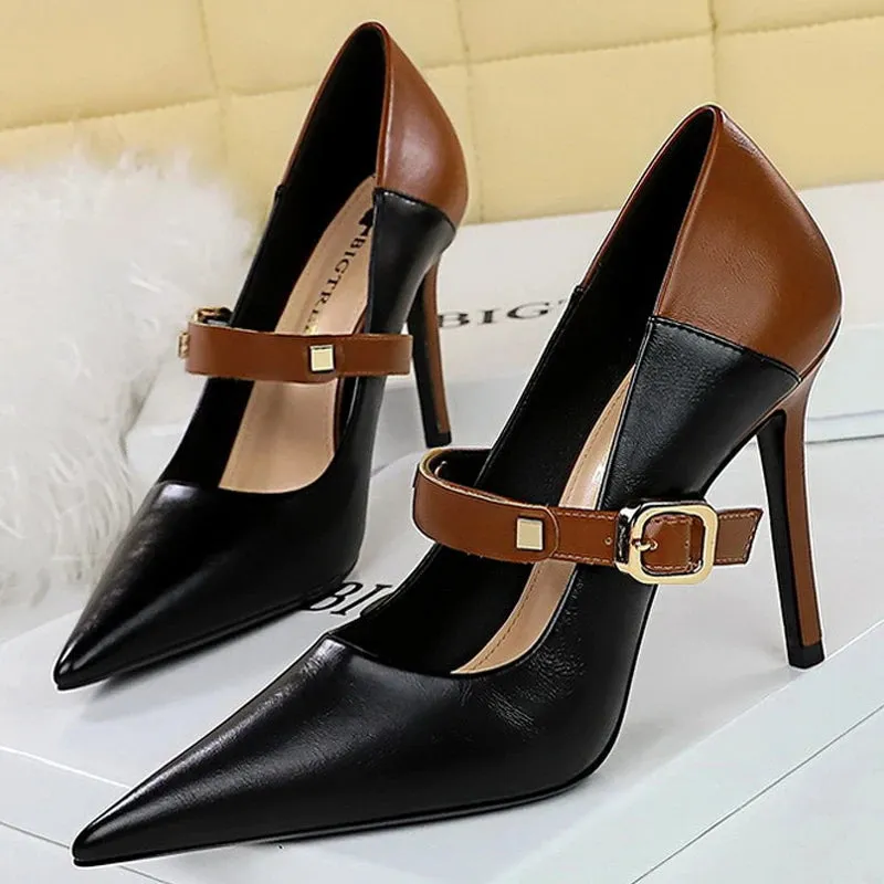 Retro Mixed Color Stiletto Pumps – Stylish Office Heels