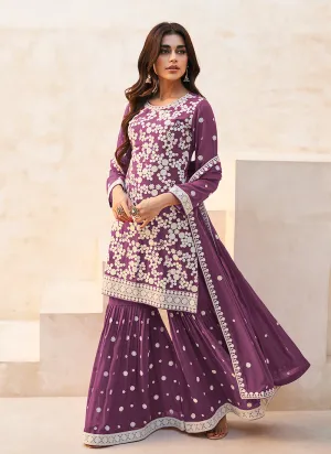 Rich Purple Embroidery Traditional Sharara Suit