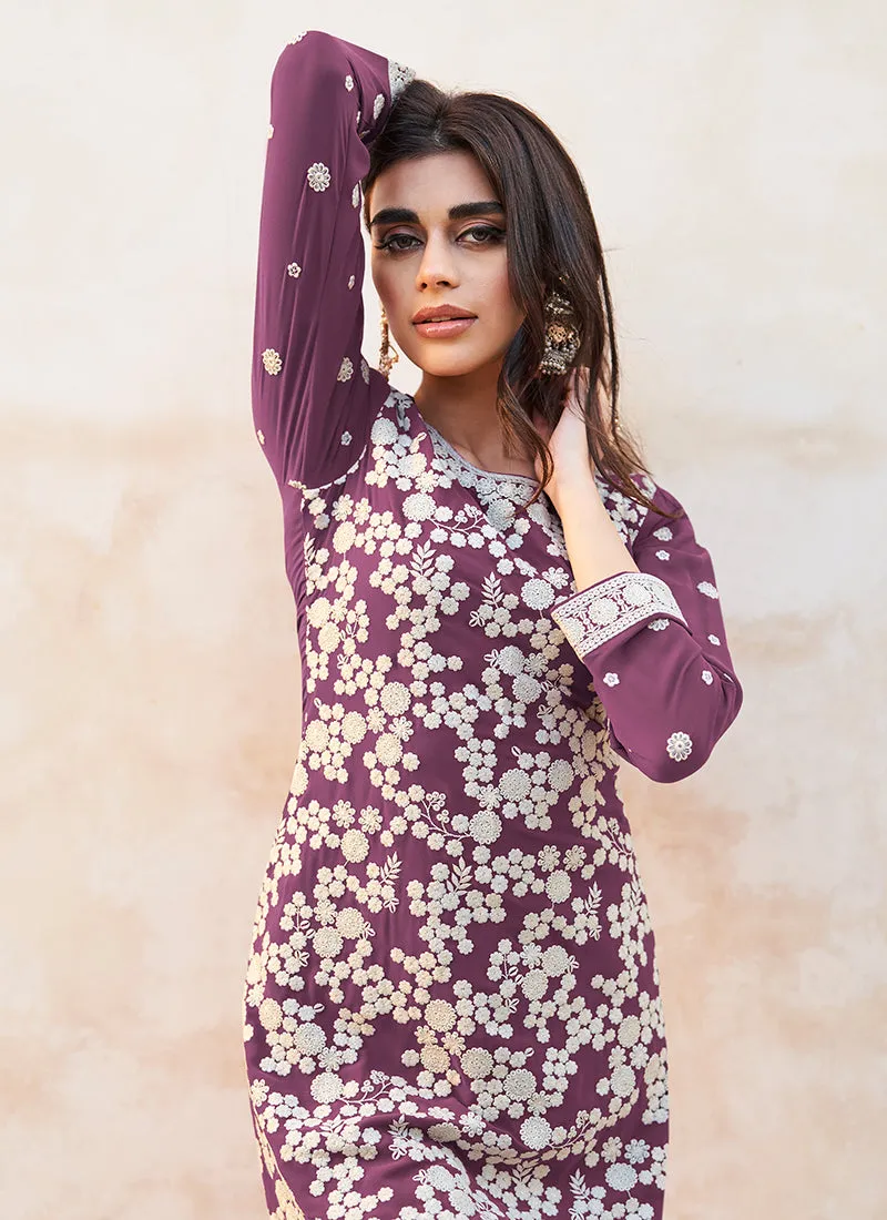 Rich Purple Embroidery Traditional Sharara Suit