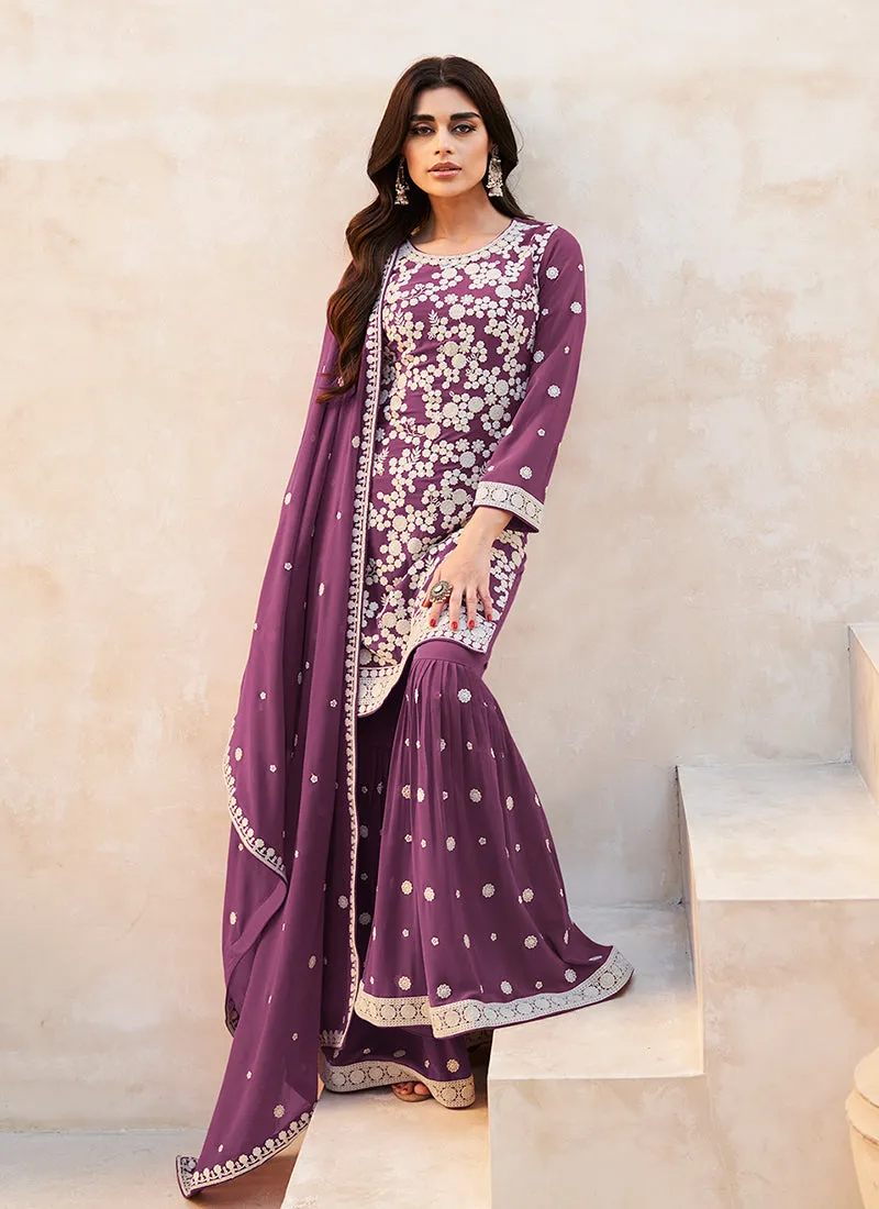 Rich Purple Embroidery Traditional Sharara Suit