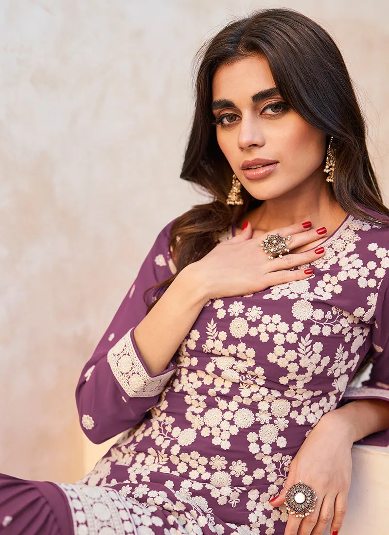 Rich Purple Embroidery Traditional Sharara Suit