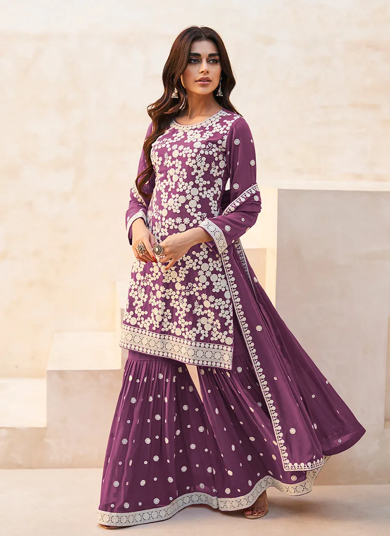Rich Purple Embroidery Traditional Sharara Suit