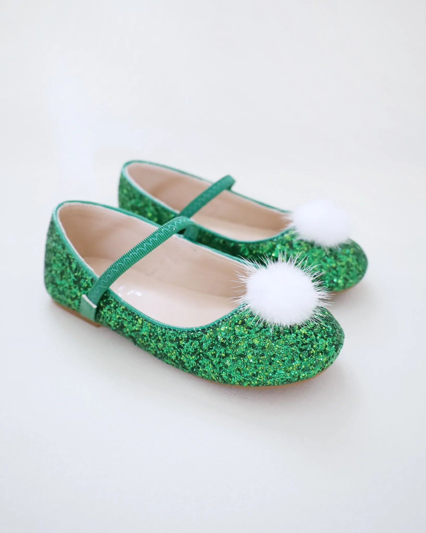 Rock Glitter Mary Jane Ballet Flats with White Faux Fur Puff