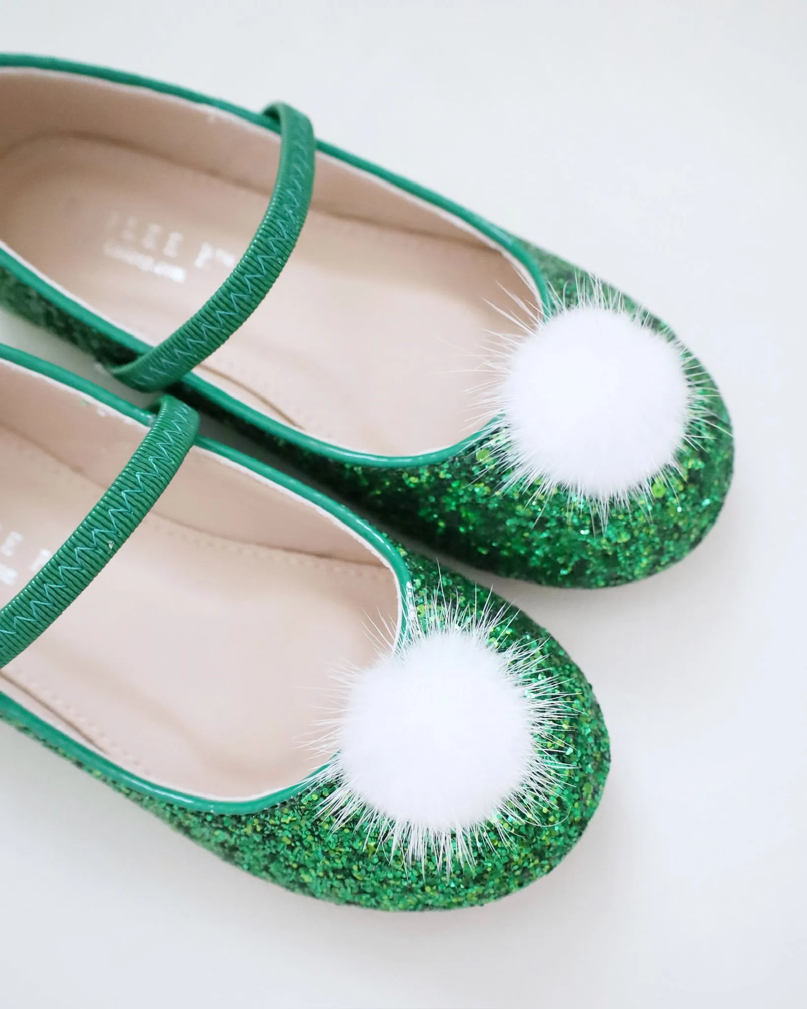 Rock Glitter Mary Jane Ballet Flats with White Faux Fur Puff