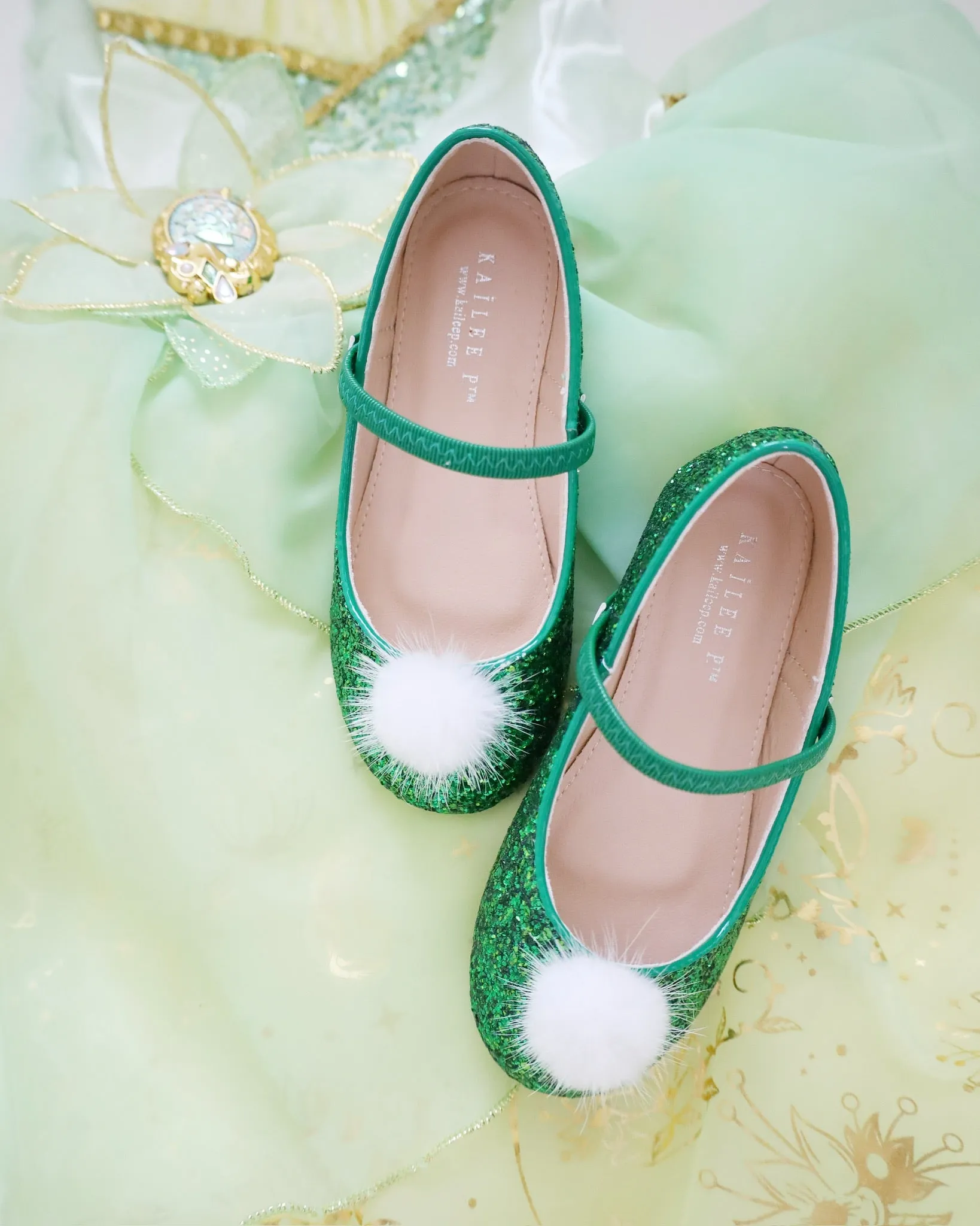 Rock Glitter Mary Jane Ballet Flats with White Faux Fur Puff