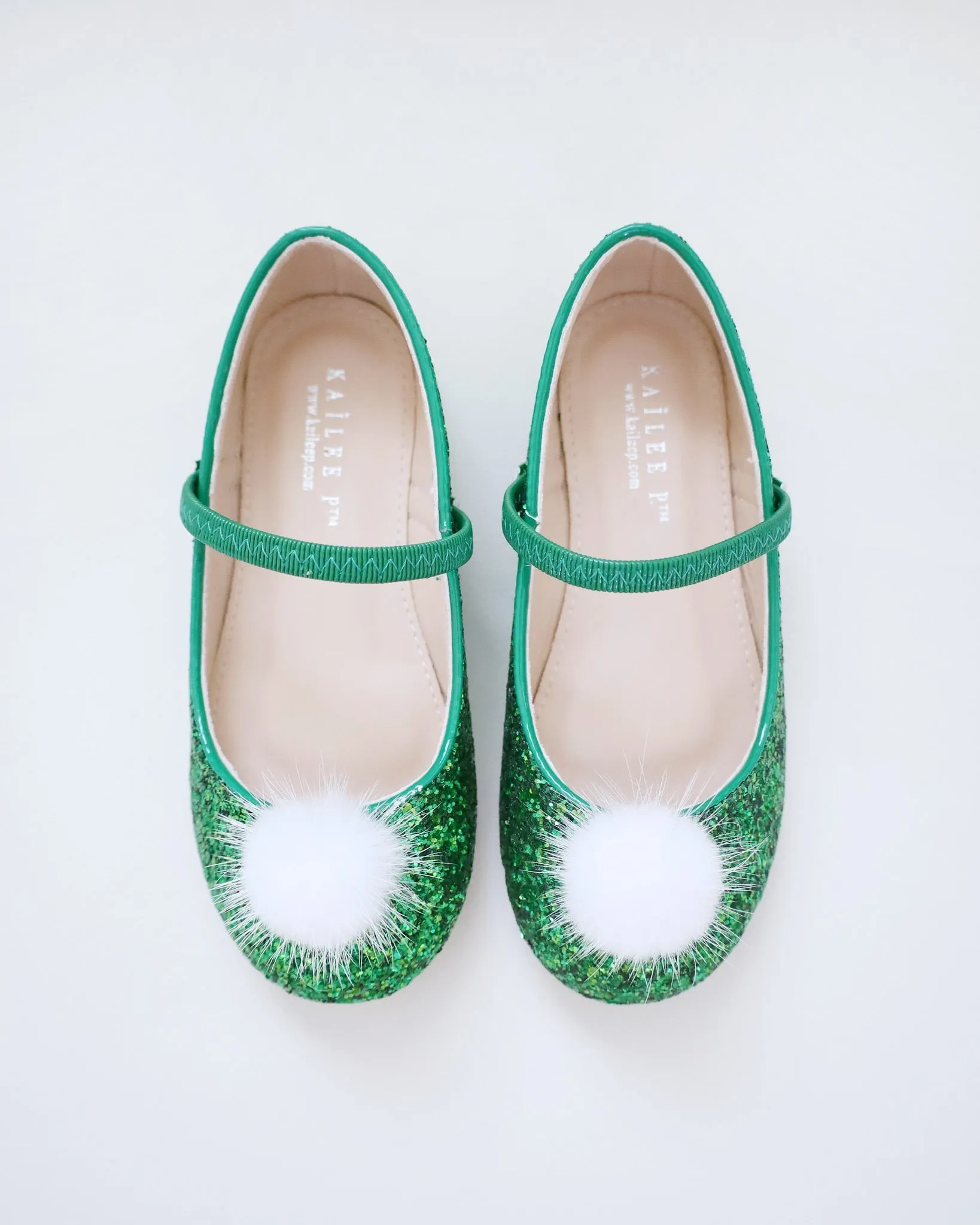 Rock Glitter Mary Jane Ballet Flats with White Faux Fur Puff