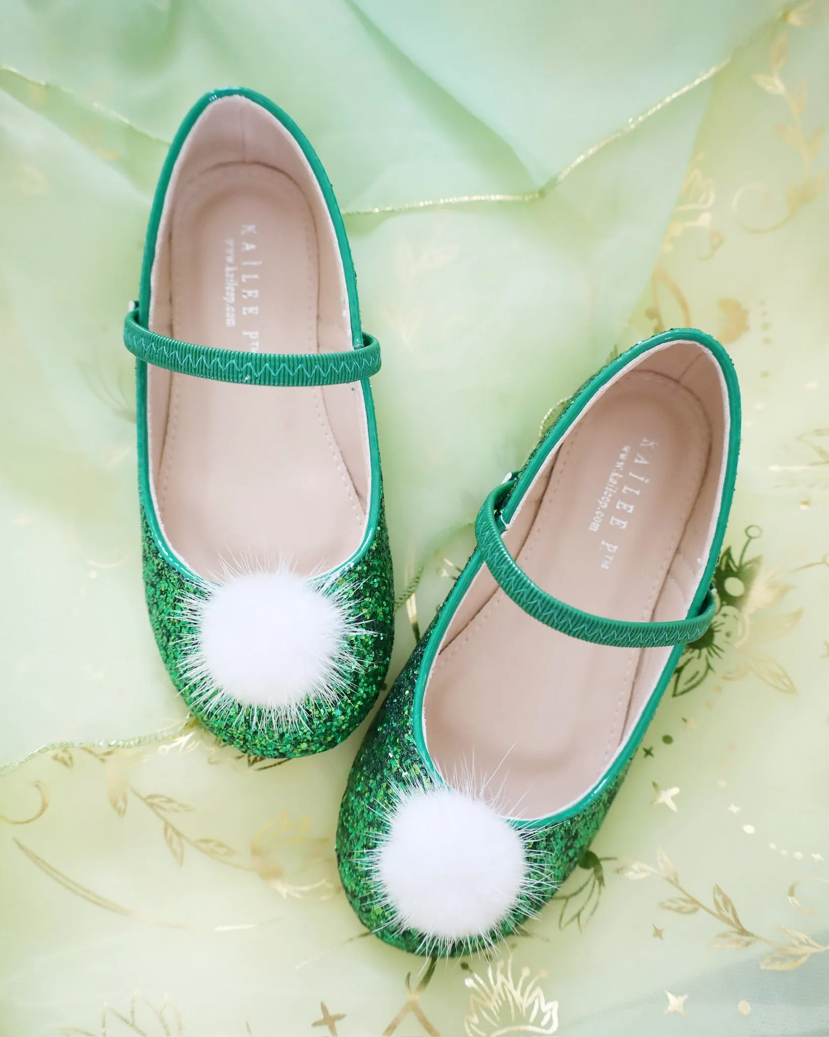 Rock Glitter Mary Jane Ballet Flats with White Faux Fur Puff