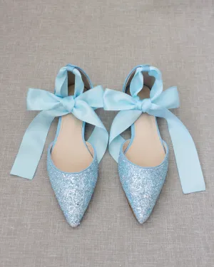 Rock Glitter Pointy Toe Flats with Satin Ankle Tie or Ballerina Lace Up