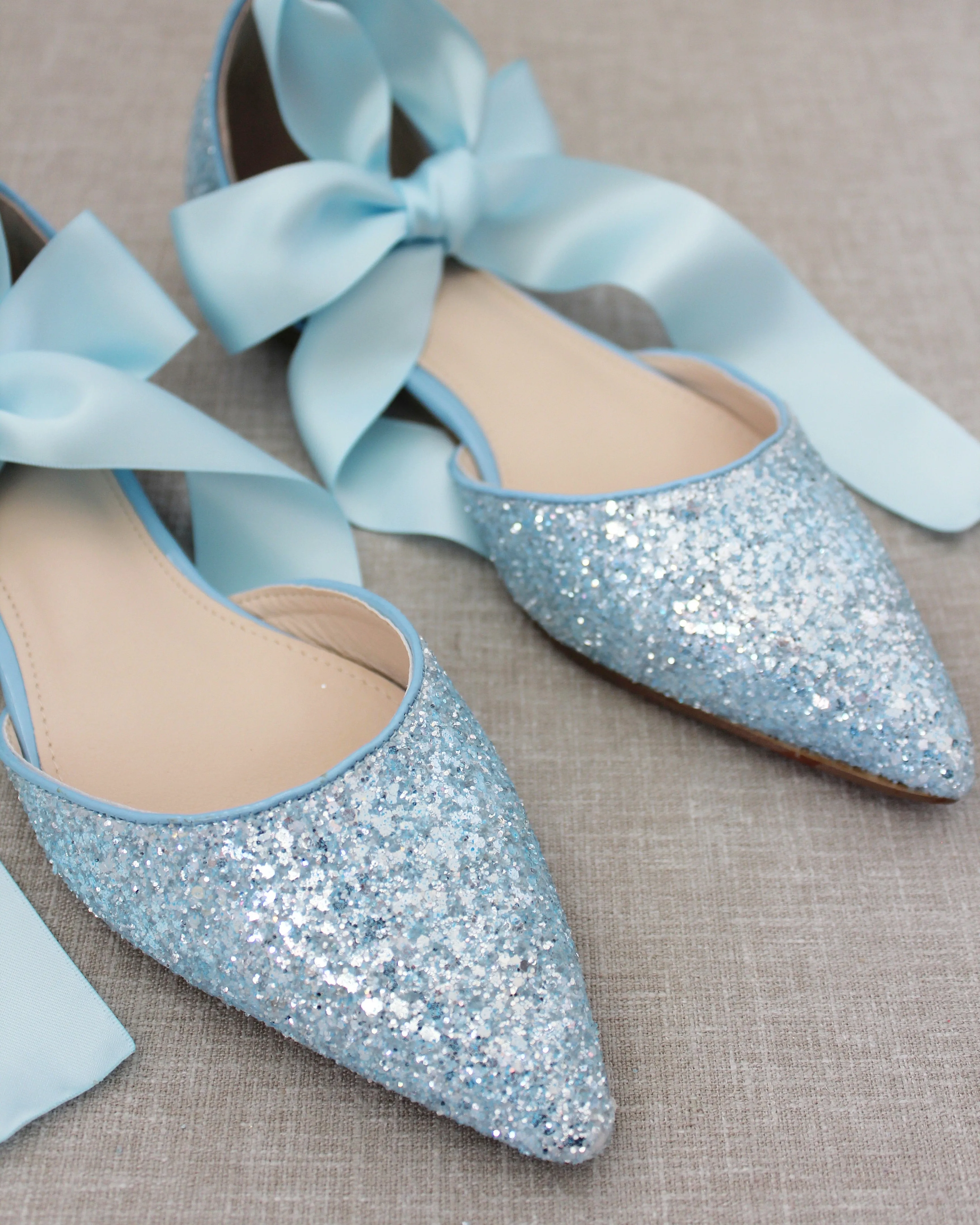 Rock Glitter Pointy Toe Flats with Satin Ankle Tie or Ballerina Lace Up