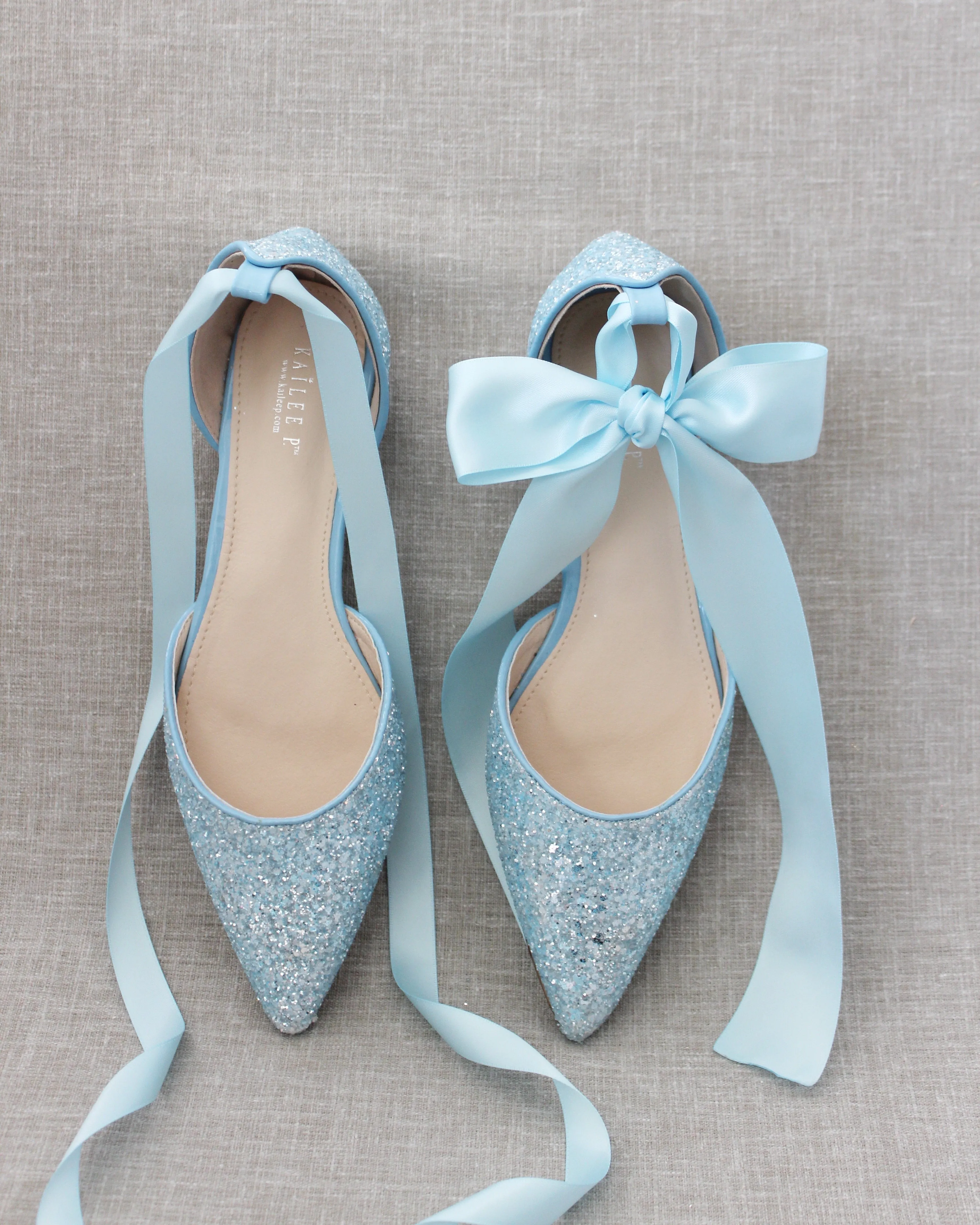 Rock Glitter Pointy Toe Flats with Satin Ankle Tie or Ballerina Lace Up
