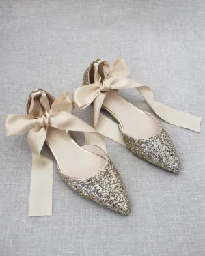 Rock Glitter Pointy Toe Flats with Satin Ankle Tie or Ballerina Lace Up