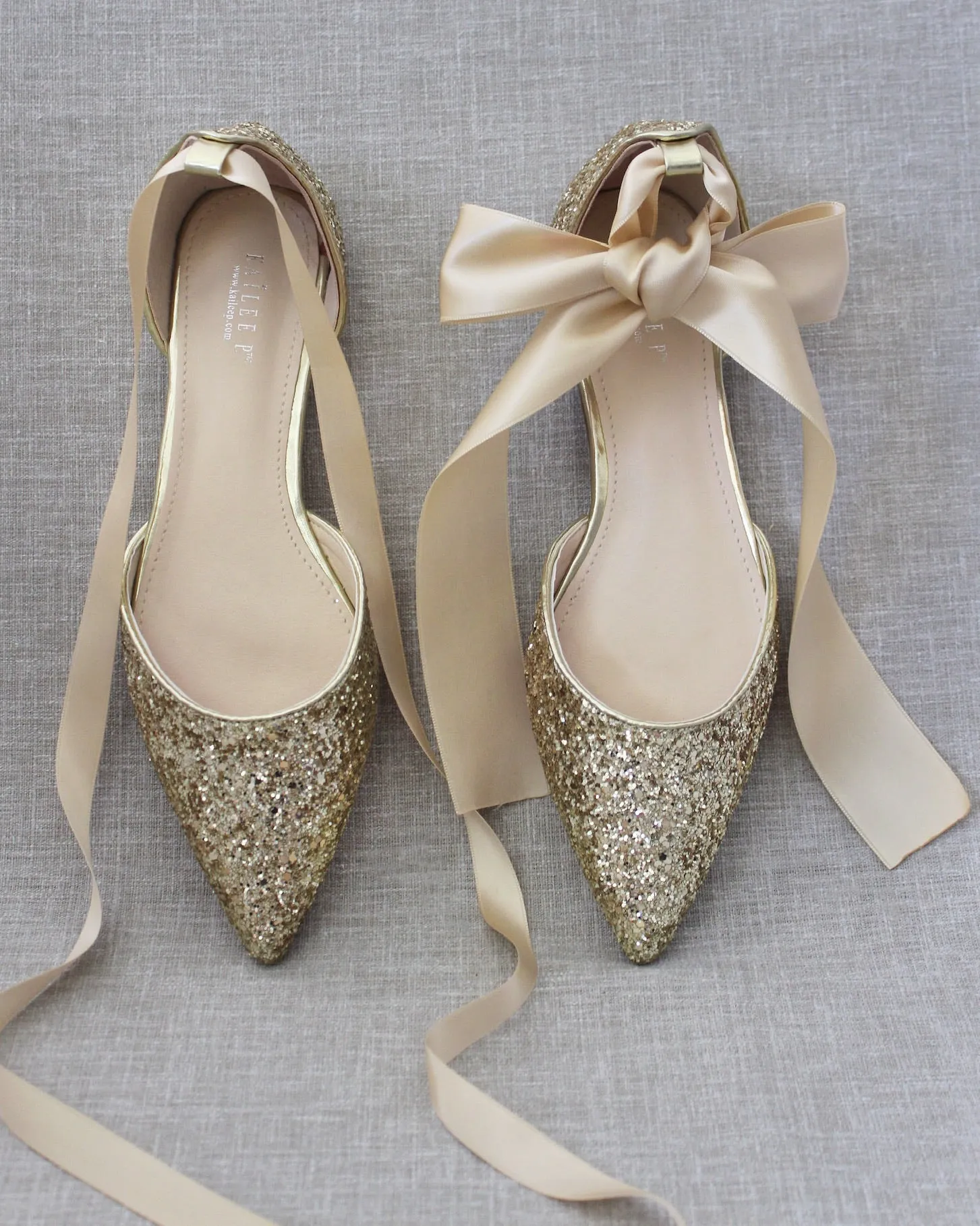 Rock Glitter Pointy Toe Flats with Satin Ankle Tie or Ballerina Lace Up