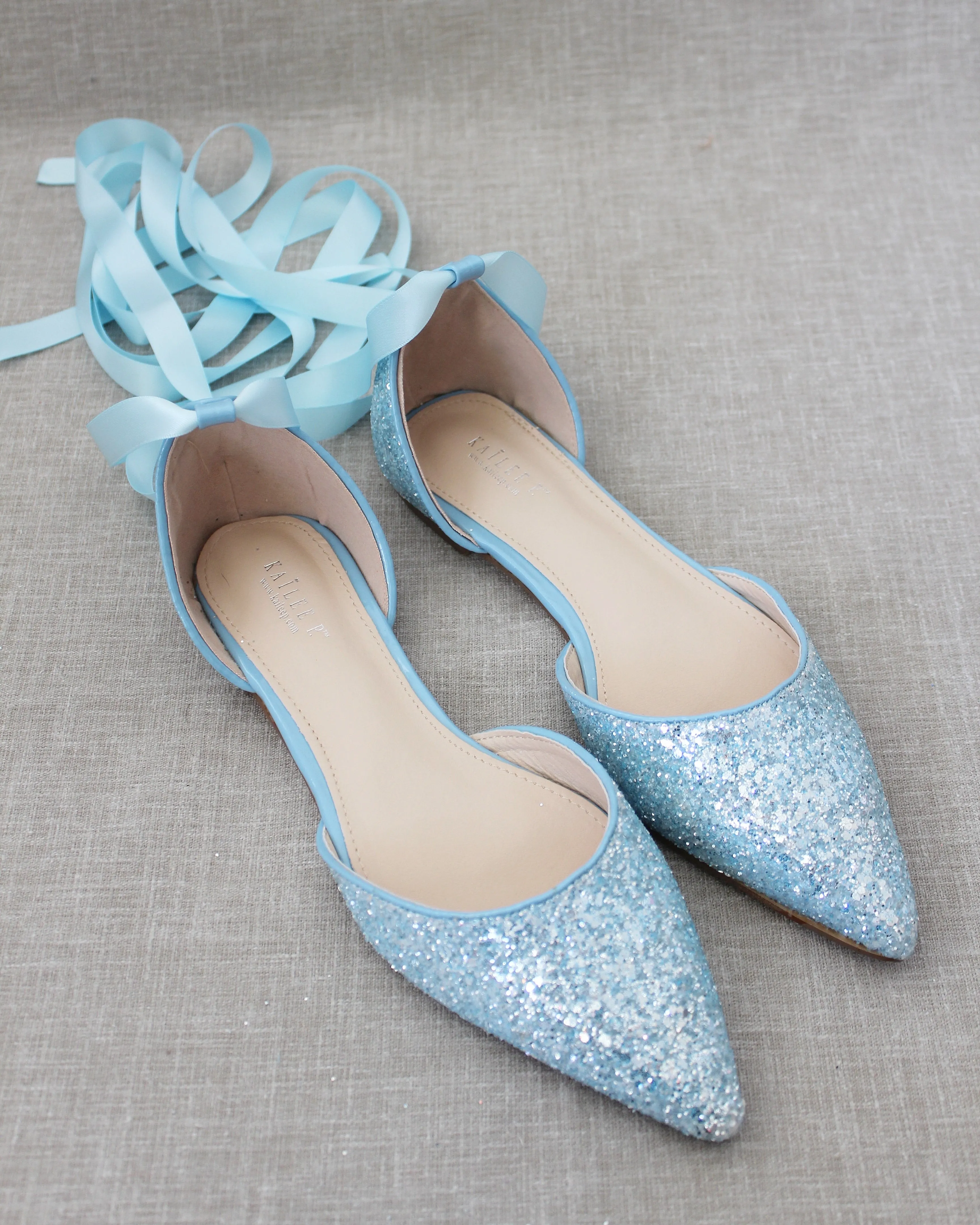 Rock Glitter Pointy Toe Flats with Satin Ankle Tie or Ballerina Lace Up