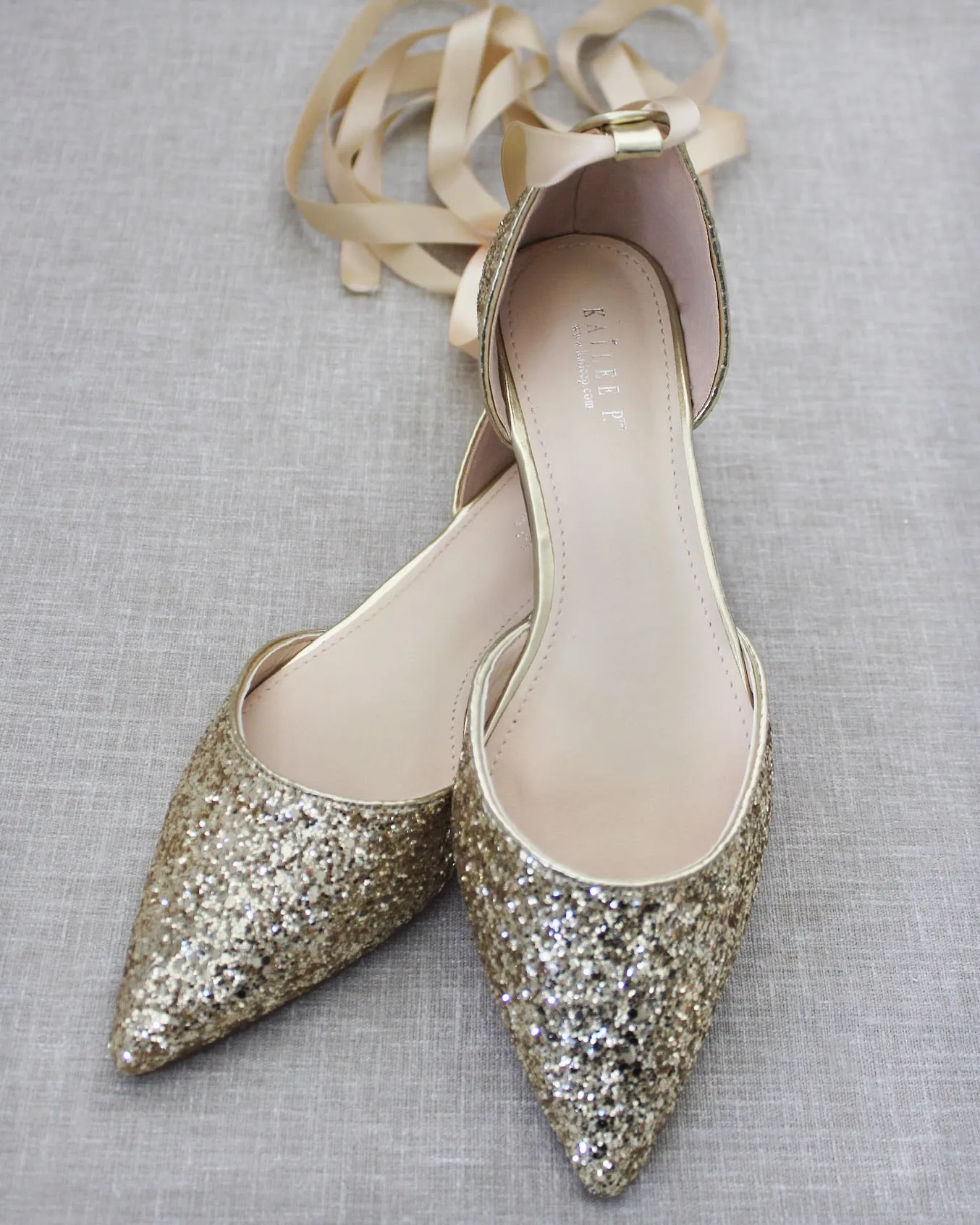 Rock Glitter Pointy Toe Flats with Satin Ankle Tie or Ballerina Lace Up