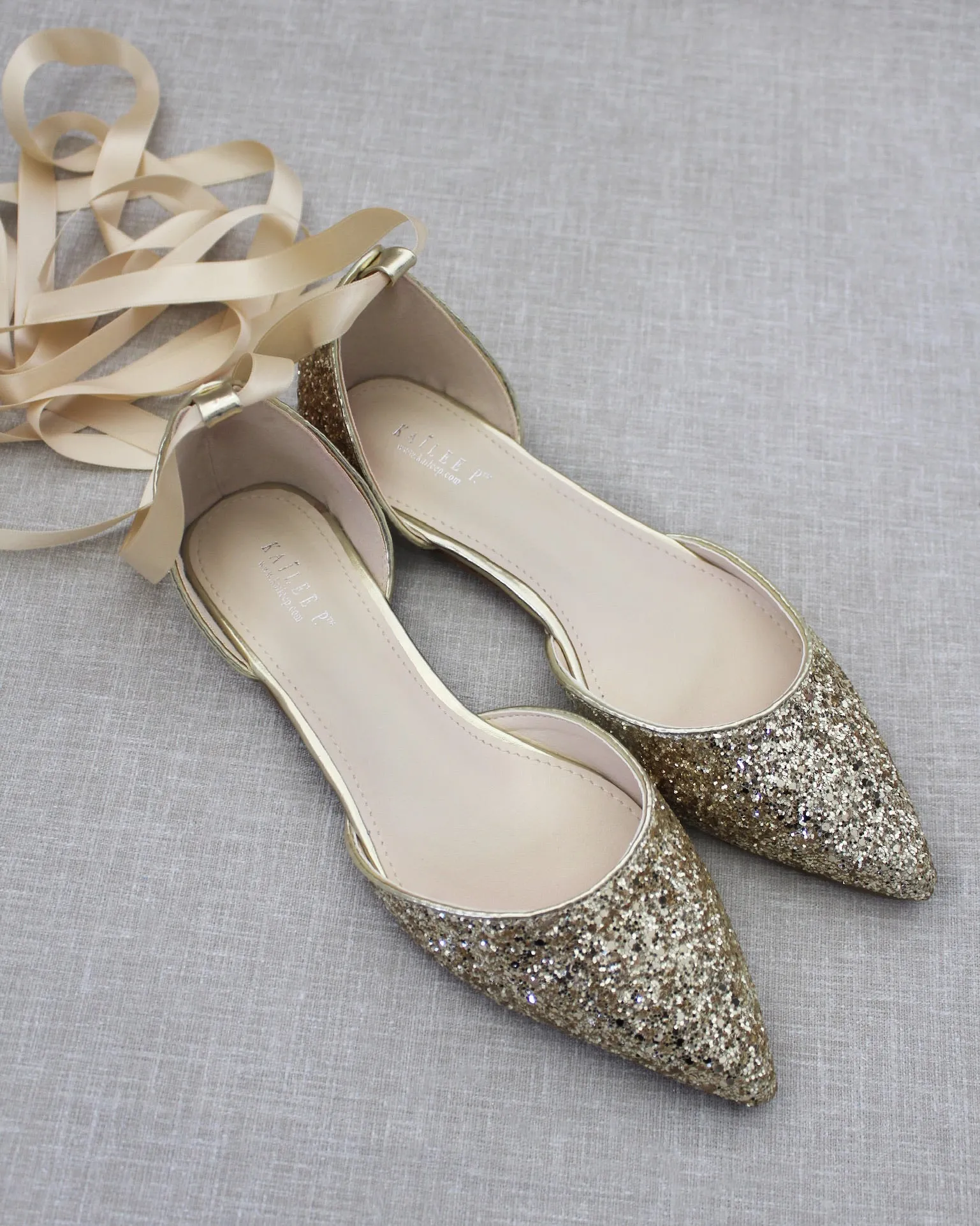 Rock Glitter Pointy Toe Flats with Satin Ankle Tie or Ballerina Lace Up