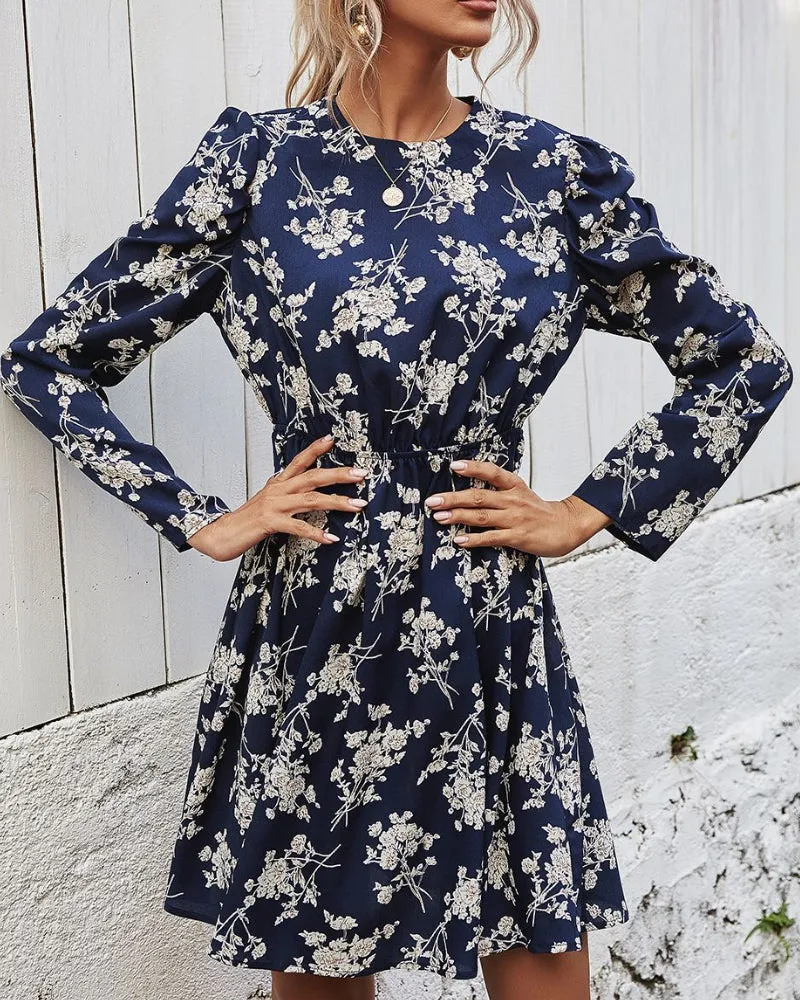 Round Neck Floral High-collared Skater Mini Dresses