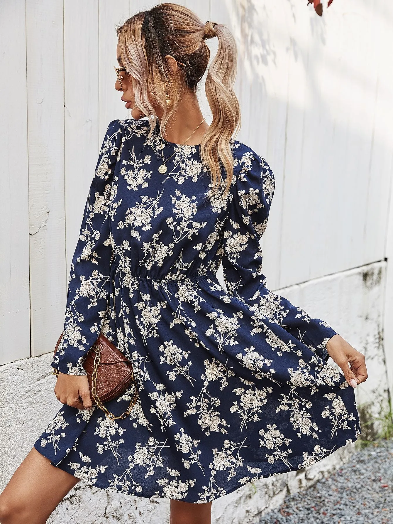 Round Neck Floral High-collared Skater Mini Dresses