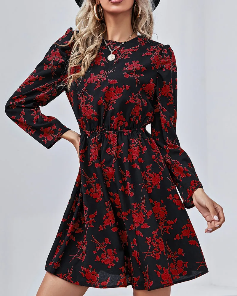 Round Neck Floral High-collared Skater Mini Dresses