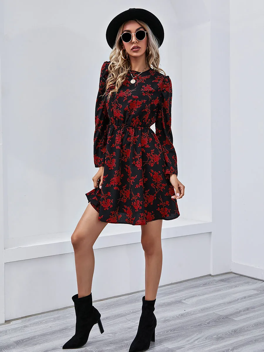 Round Neck Floral High-collared Skater Mini Dresses